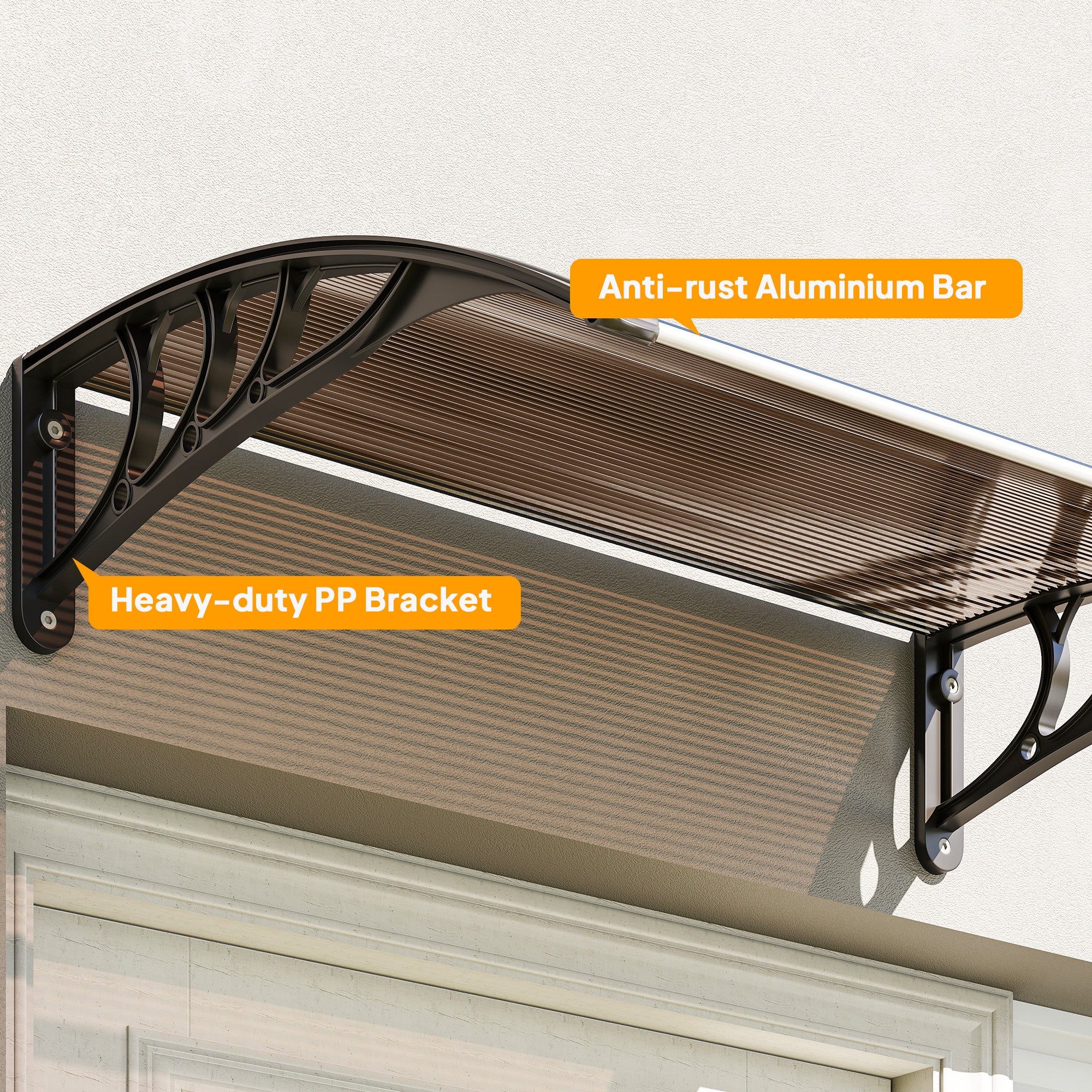 Outsunny Curved Window Door Canopy Aluminium Rigid Plastic Polycarbonate Fixed Outdoor Awning Modern Design UV Water Rain Resist 100 x 75cm Brown