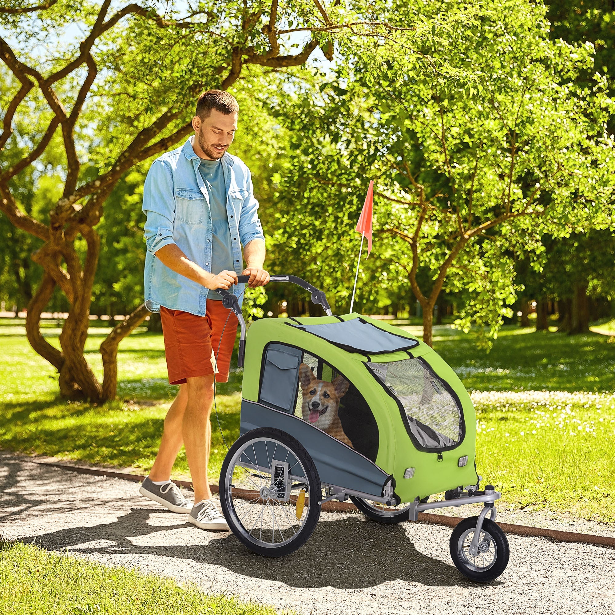 PawHut Dog Bike Trailer Pet Stroller Cart Carrier for Bicycle 360° Rotatable with Reflectors 3 Wheels Hitch Coupler Push/ Pull/ Brake Water Resistant Green - North Peak Garden Furniture