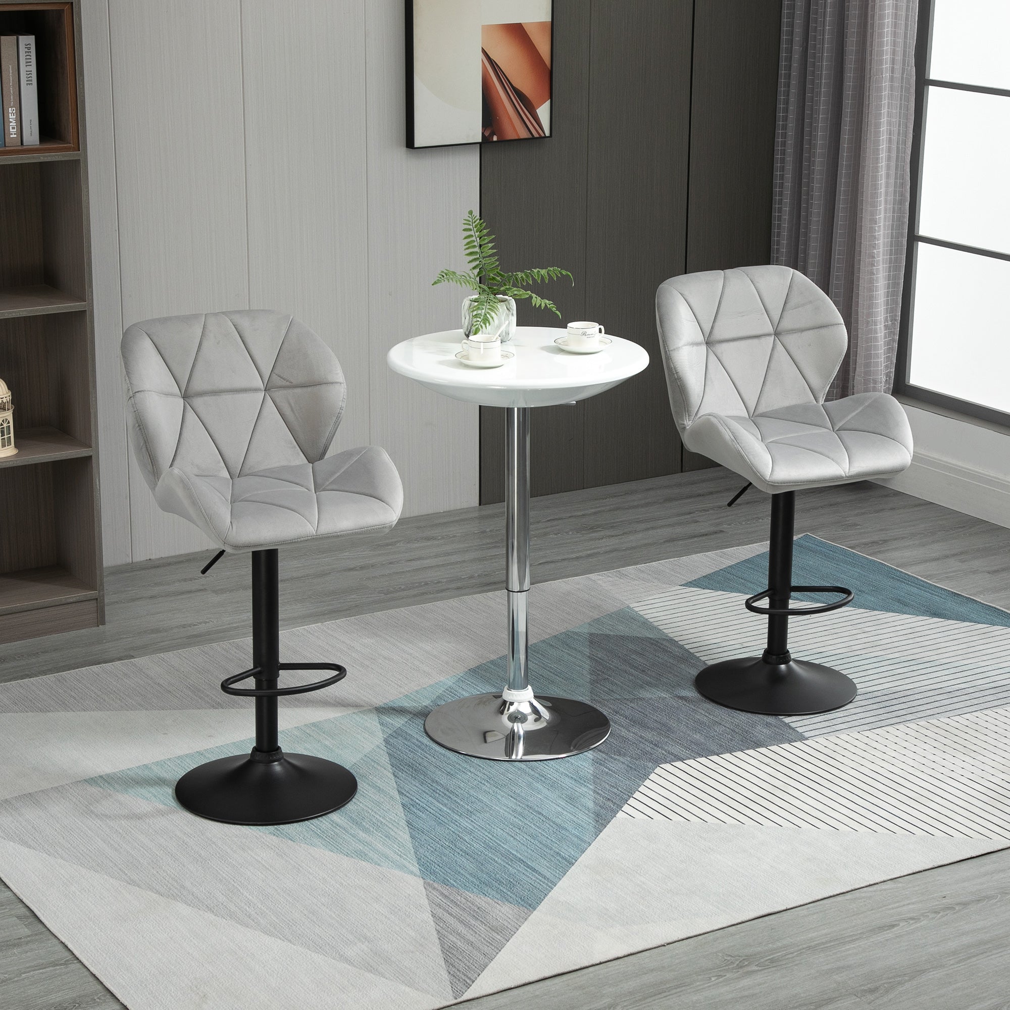 HOMCOM Adjustable Bar Stools Set of 2, Armless Upholstered Swivel Counter Chairs, Barstools with Back, Footrest, Light Grey - North Peak Garden Furniture