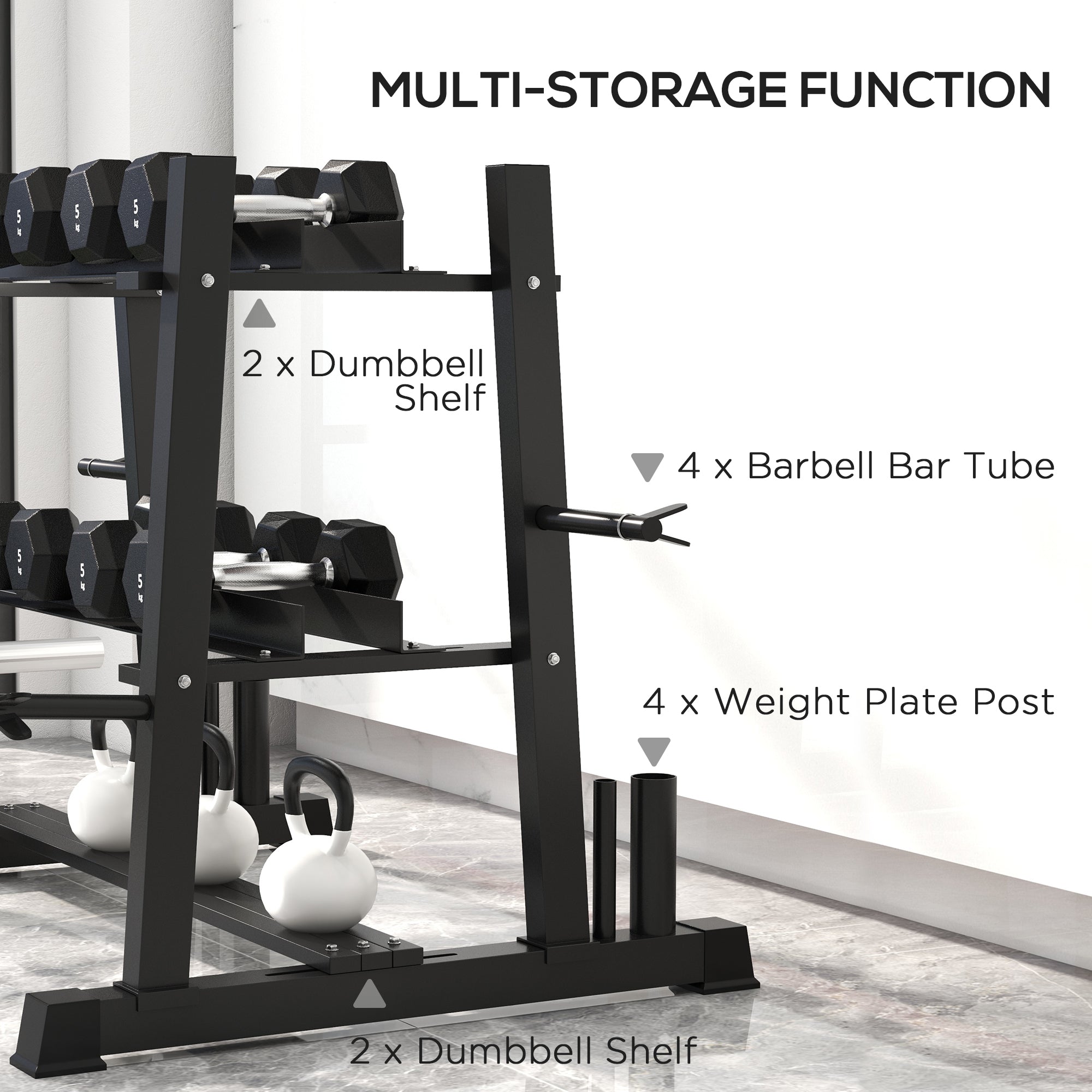 SPORTNOW 3-Tier Dumbbell Rack, Versatile Weight Rack with 4 Weight Rods for Dumbbells, Kettlebells and Plates (Rack Only) - North Peak Garden Furniture