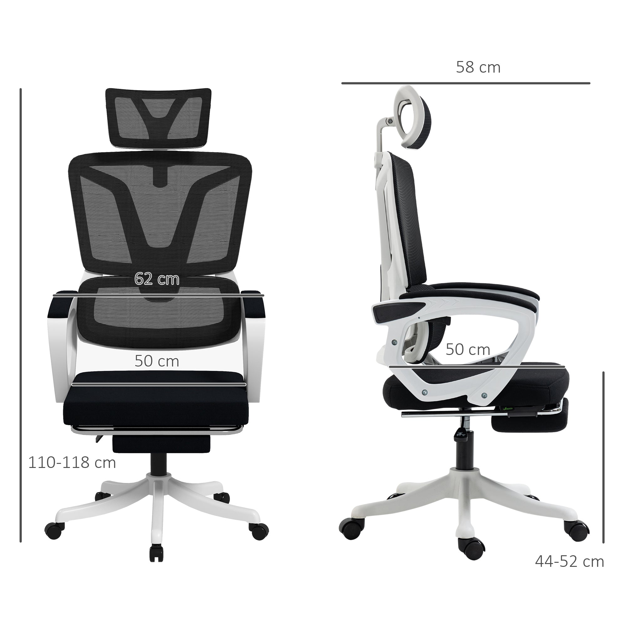 Vinsetto Ergonomic Office Chair, High Back Desk Chair, Reclining Mesh Computer Chair with Adjustable Headrest, Lumbar Support, Foot Rest, Swivel Wheels, Adjustable Height, Black - North Peak Garden Furniture