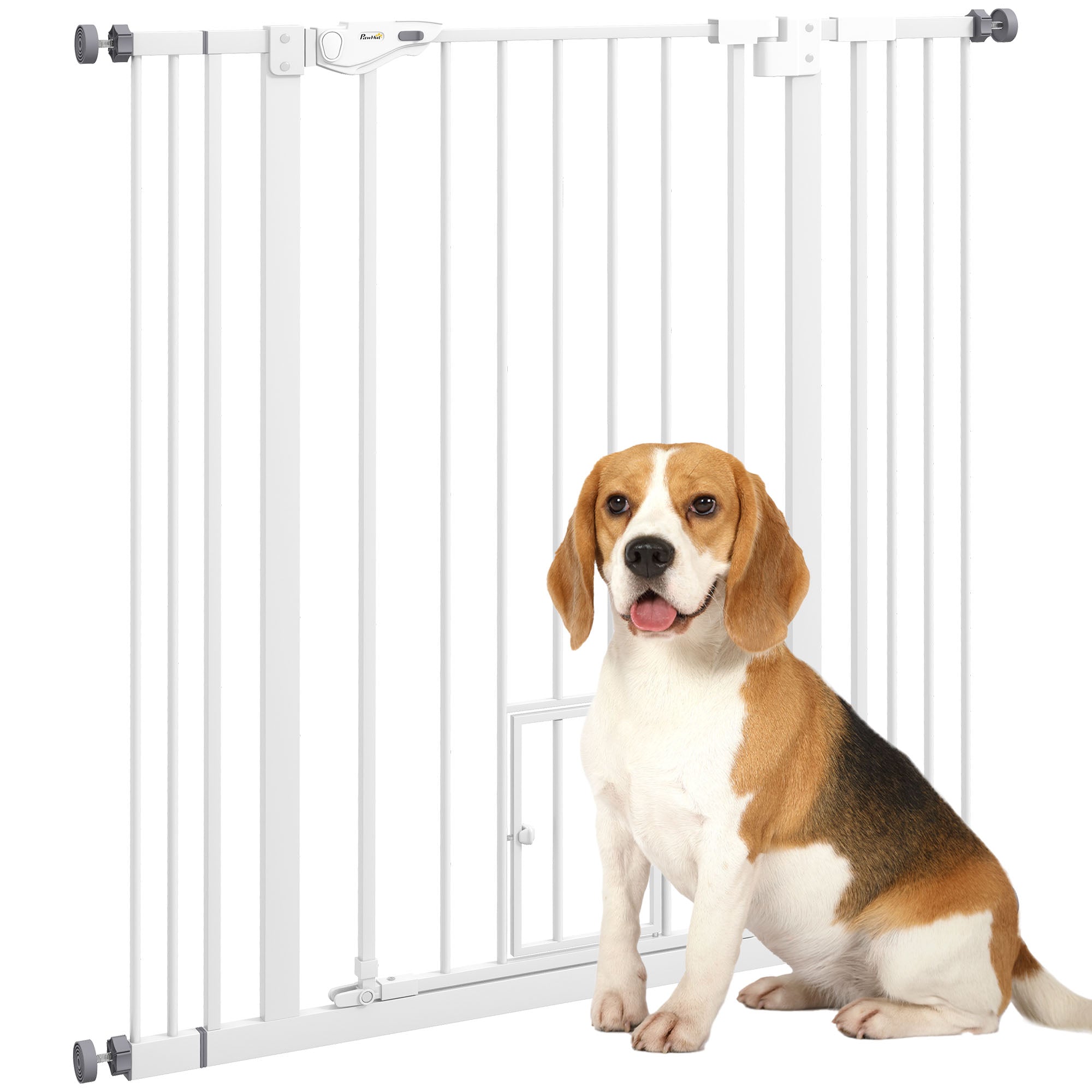 PawHut Extra Tall Pet Gate, Indoor Dog Safety Gate, with Cat Flap, Auto Close, 74-101cm Wide - White - North Peak Garden Furniture