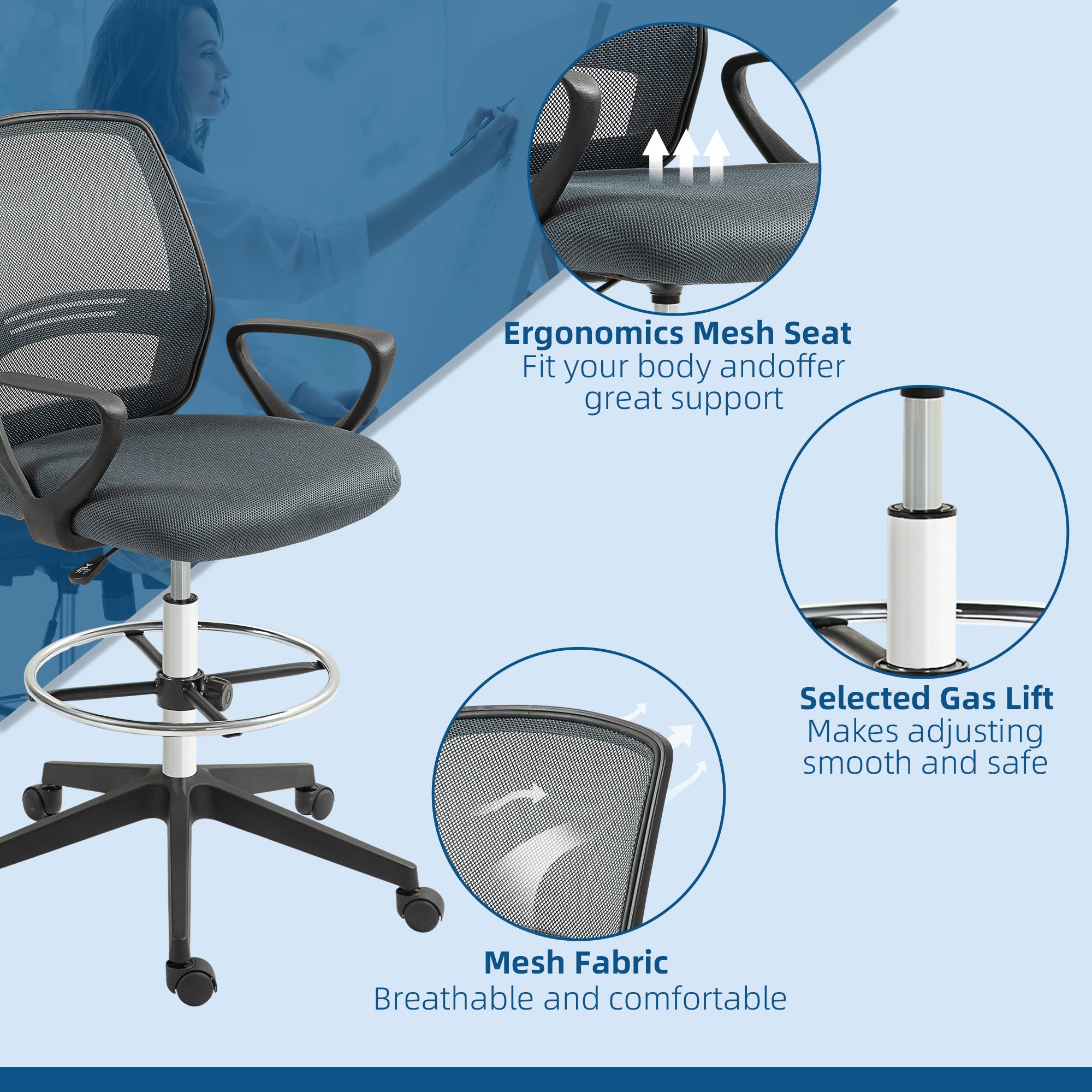 Vinsetto Ergonomic Mesh Back Drafting Chair Draughtsman Chair with Adjustable Height, Grey - North Peak Garden Furniture
