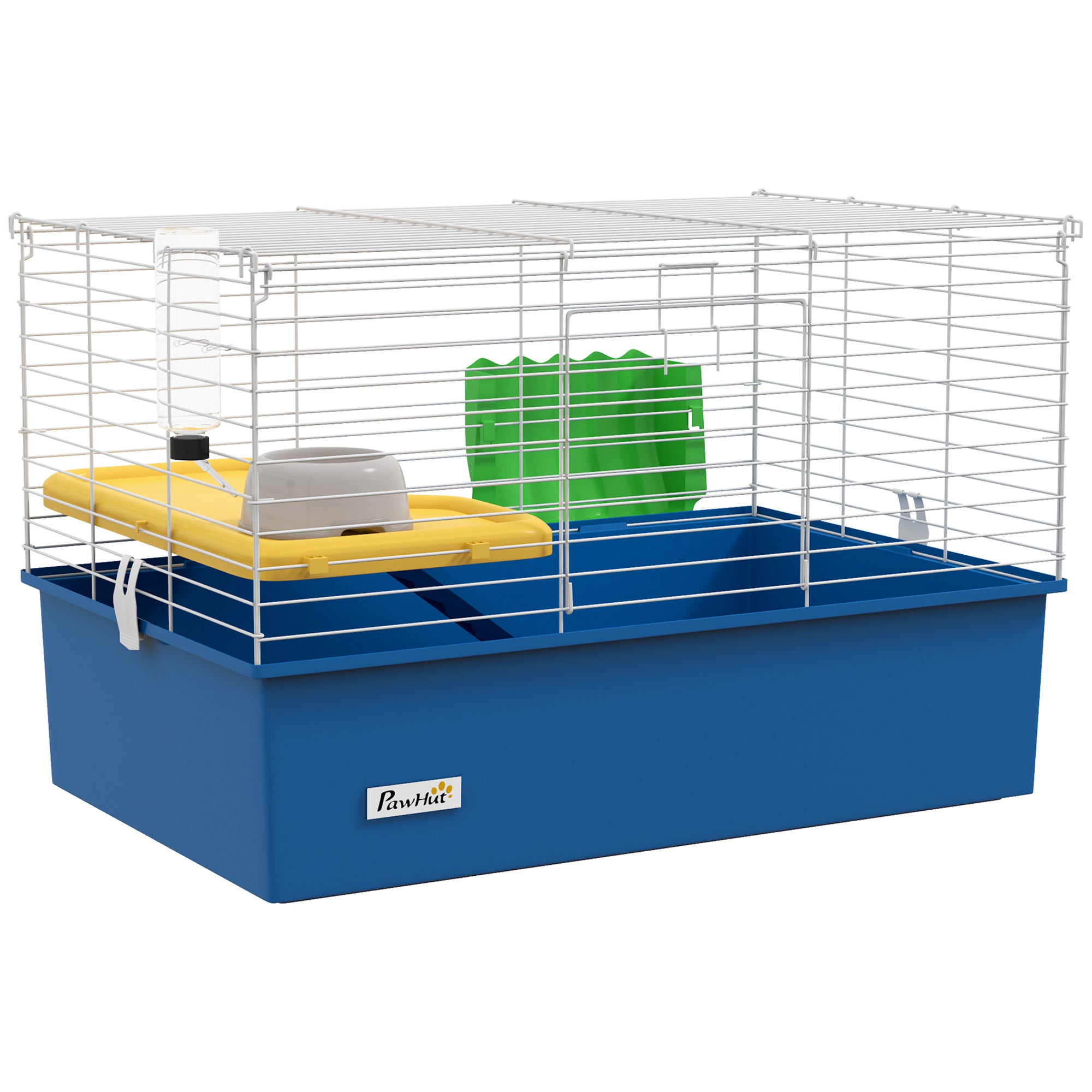 PawHut Chinchillas Small Rabbit Guinea Pig Small Animal Cage, Pet Playhouse, with Platform, Ramp, 71 x 46 x 47cm, Blue - North Peak Garden Furniture
