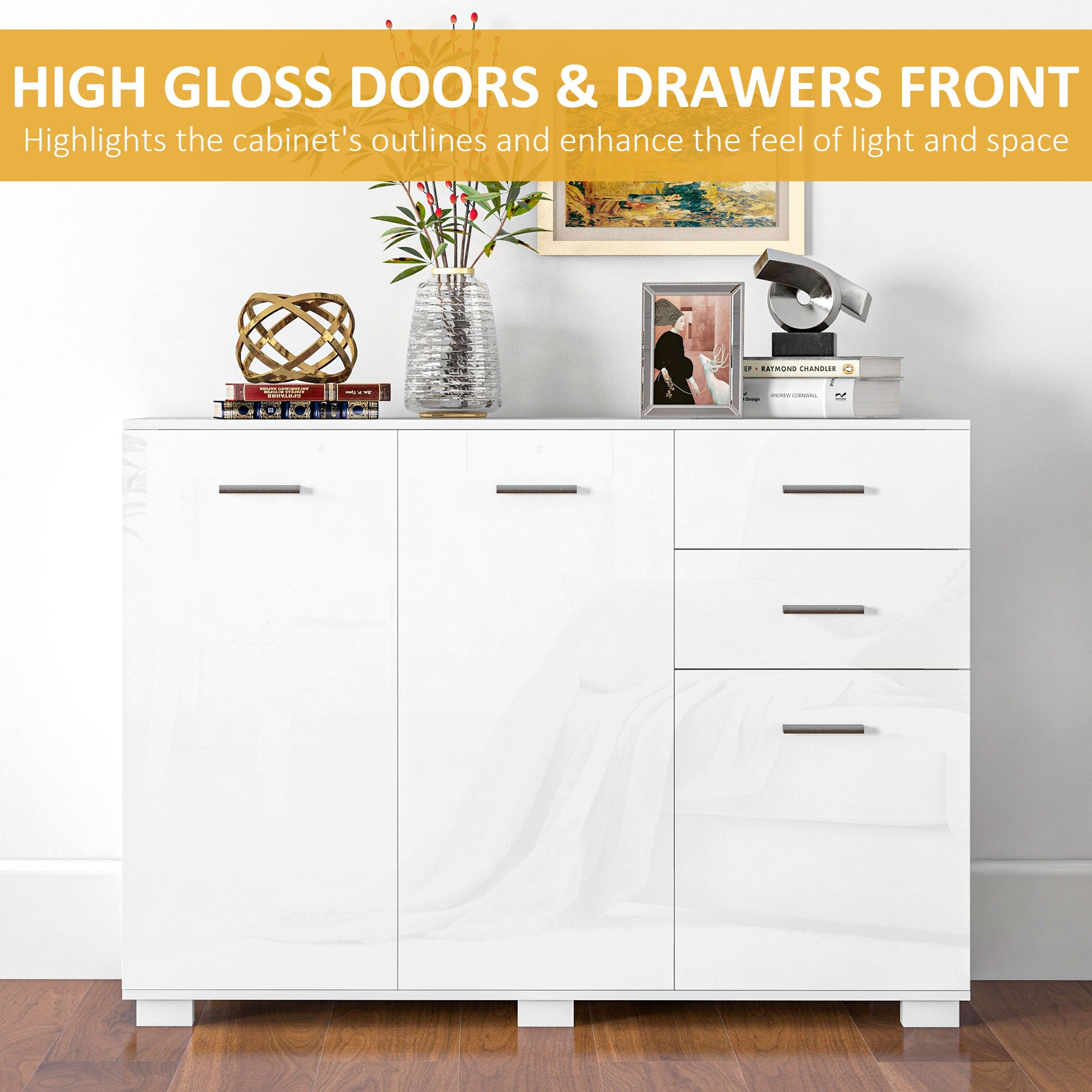 HOMCOM Sideboard, Modern Storage Cabinet with 2 Drawers, 3 Doors and Adjustable Shelves, Kitchen Cabinet for Living Room, Dining Room, High Gloss White - North Peak Garden Furniture