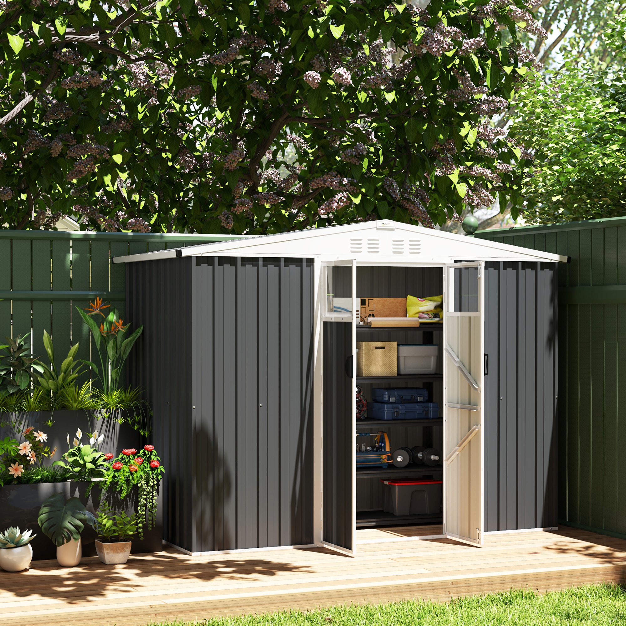 Outsunny 8 x 4 ft Metal Garden Shed, Garden Storage Shed with Window, 4 Vents and Lockable Door, Waterproof Galvanised Steel Tool Storage Shed, Dark Grey - North Peak Garden Furniture