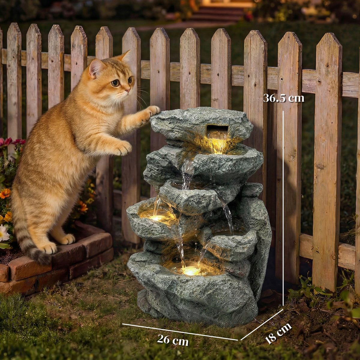 Outsunny Outdoor Fountain with 6-Tier Rock Design, Waterfall Feature with LED Lights, Resin Freestanding Garden Fountain, Grey