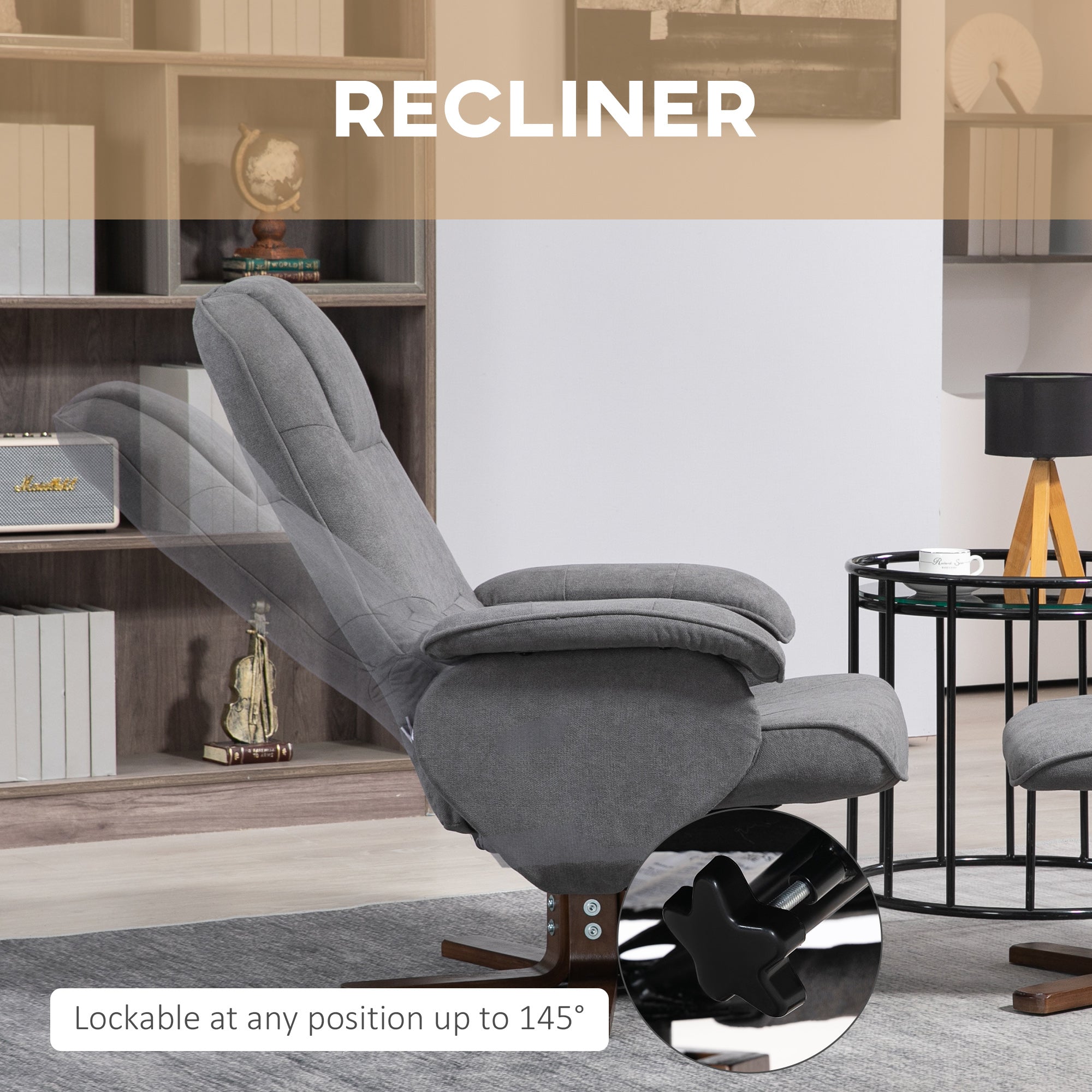 HOMCOM Linen Swivel Recliner Chair with Footstool, Upholstered Reclining Armchair with Wooden Base for Living Room, Grey - North Peak Garden Furniture