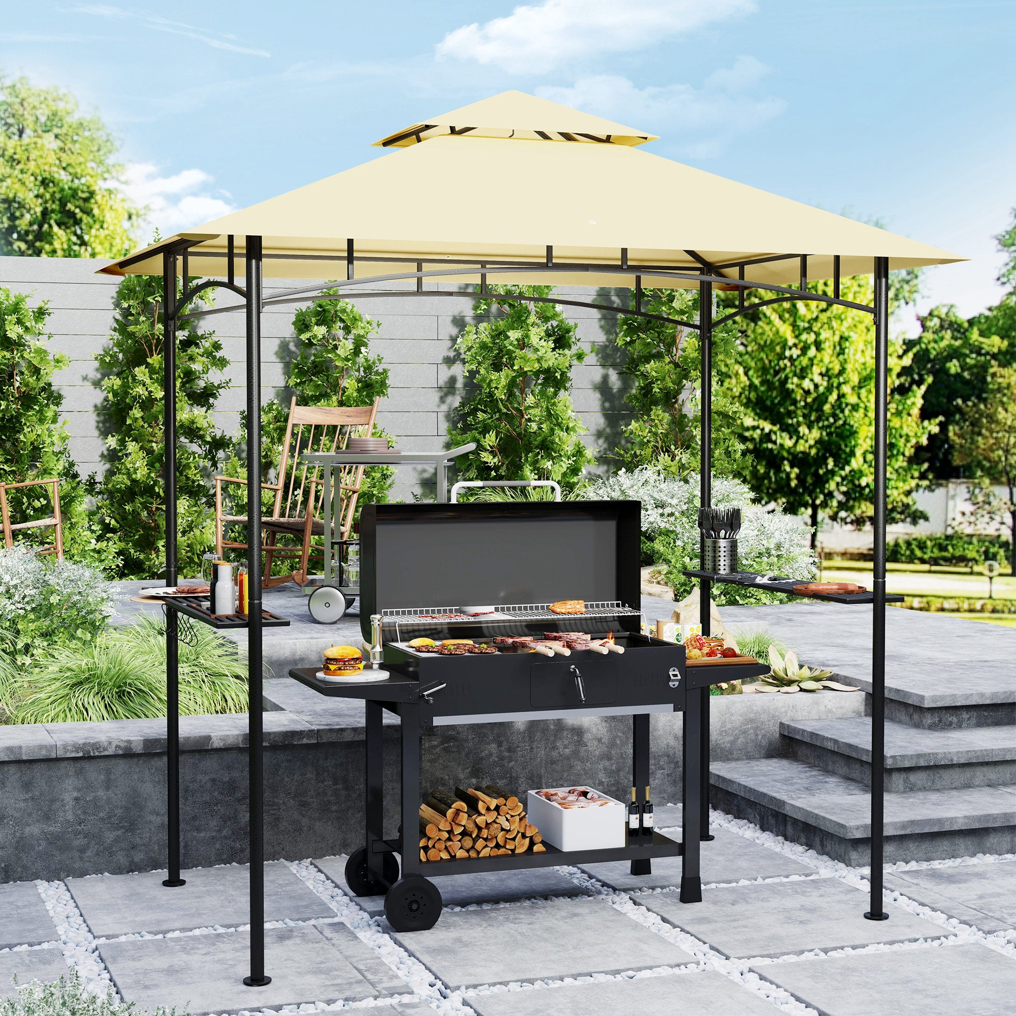Outsunny 8' x 5' Grill Gazebo, Double Tiered BBQ Gazebo Shelter Canopy with LED Lights, 2 Side Shelves, Hooks, Beige - North Peak Garden Furniture