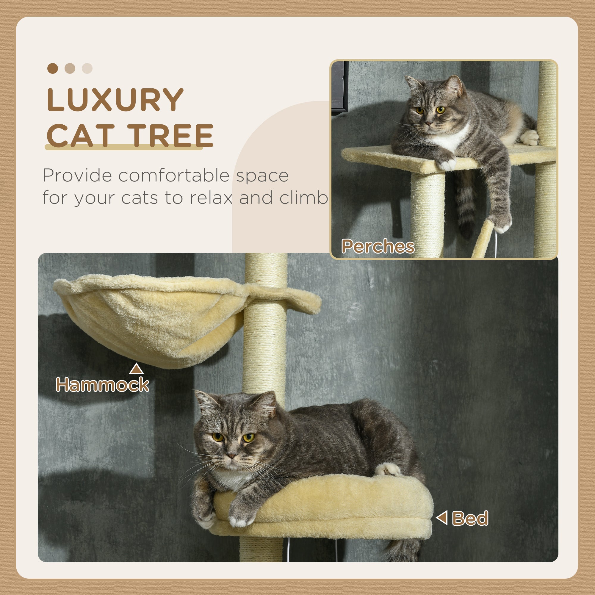 PawHut Floor to Ceiling Cat Tree for Indoor Cats, 6-Tier Play Tower Climbing Activity Center with Scratching Post, Platforms, Bed, Hammock, Adjustable Height 230-250cm, Beige - North Peak Garden Furniture