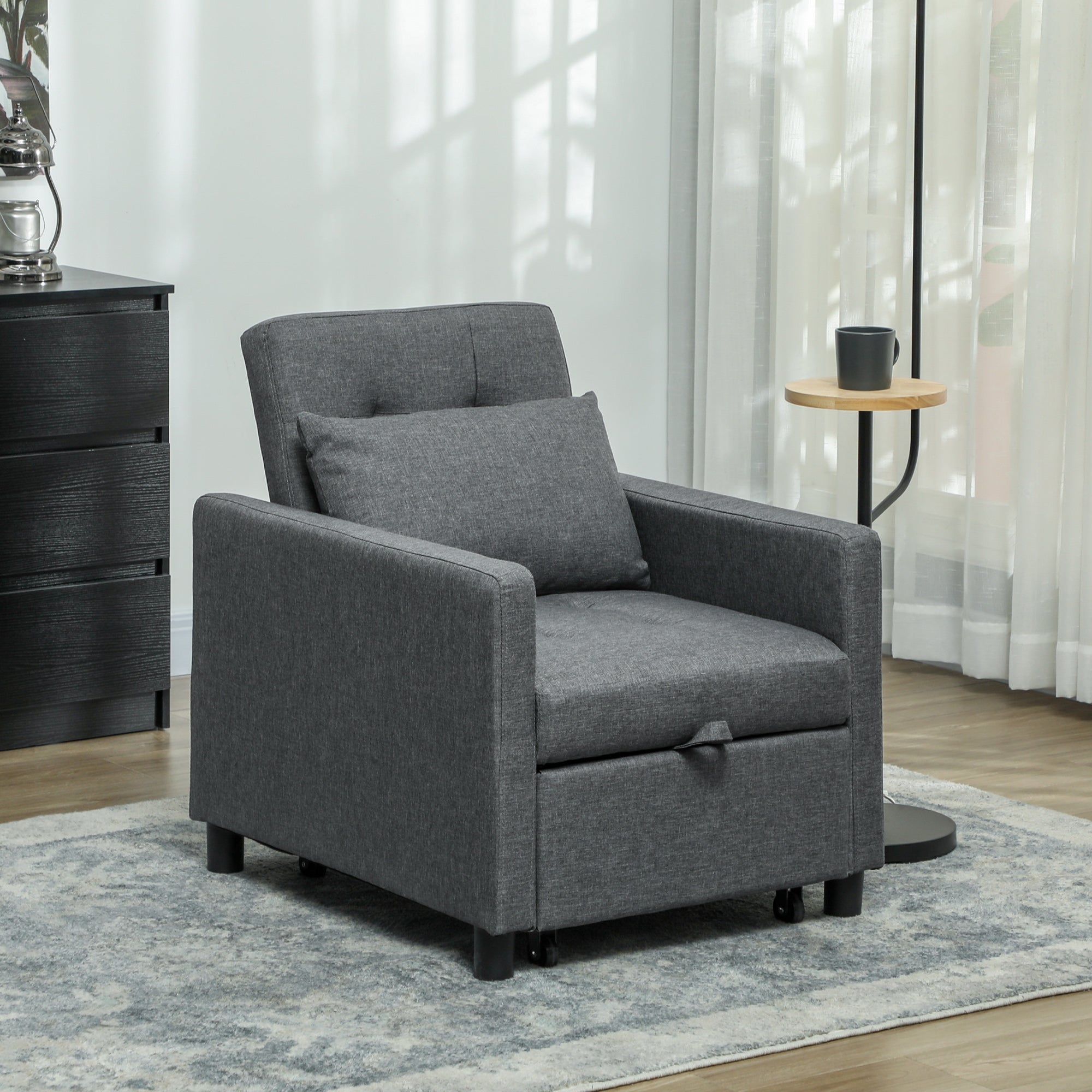 HOMCOM 3-In-1 Chair Bed, Convertible Sleeper Chair with Adjustable Backrest, Pillow and Footrest for Living Room, Dark Grey - North Peak Garden Furniture