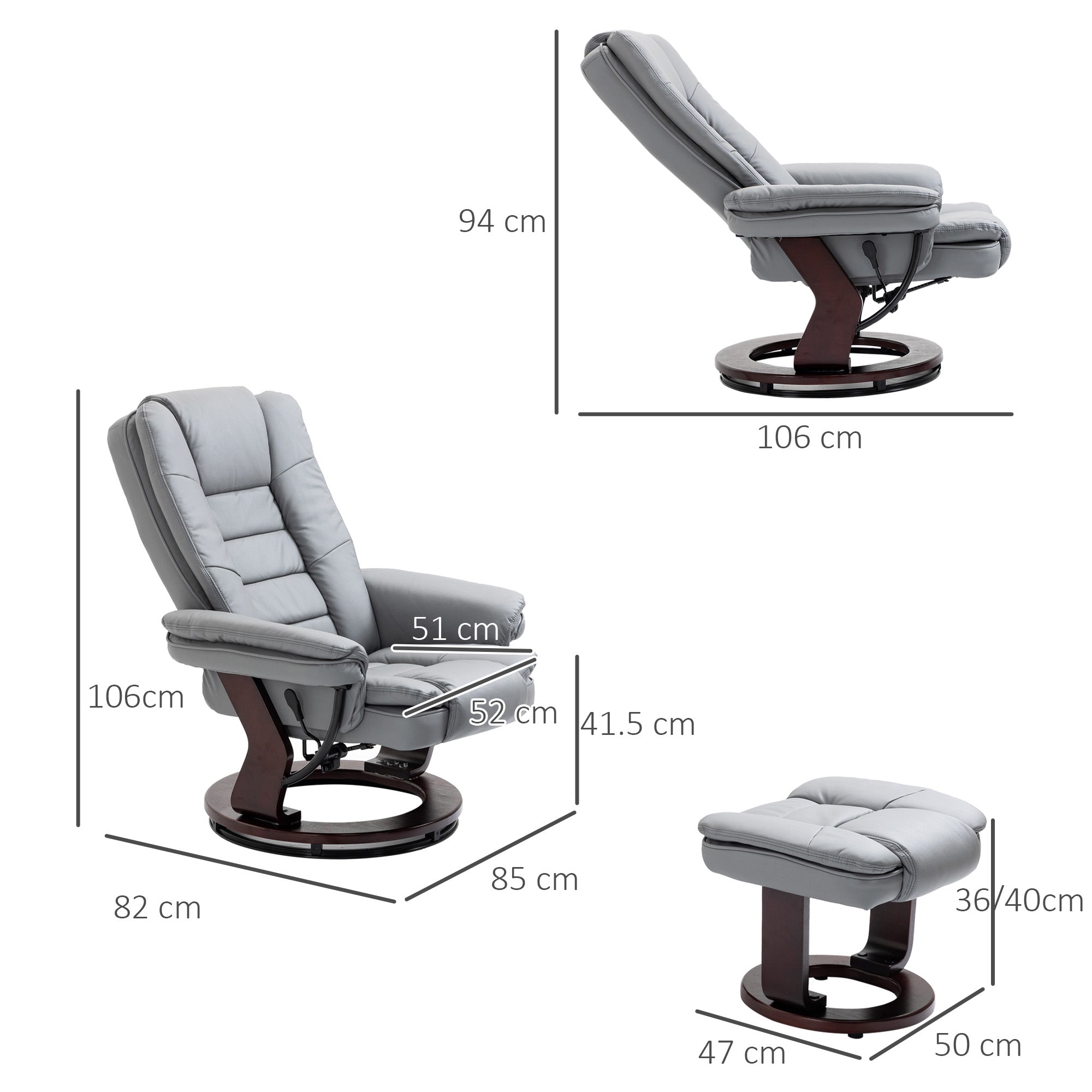 HOMCOM Manual Recliner and Footrest Set PU Leather Leisure Lounge Chair Armchair with Swivel Wood Base, Grey - North Peak Garden Furniture