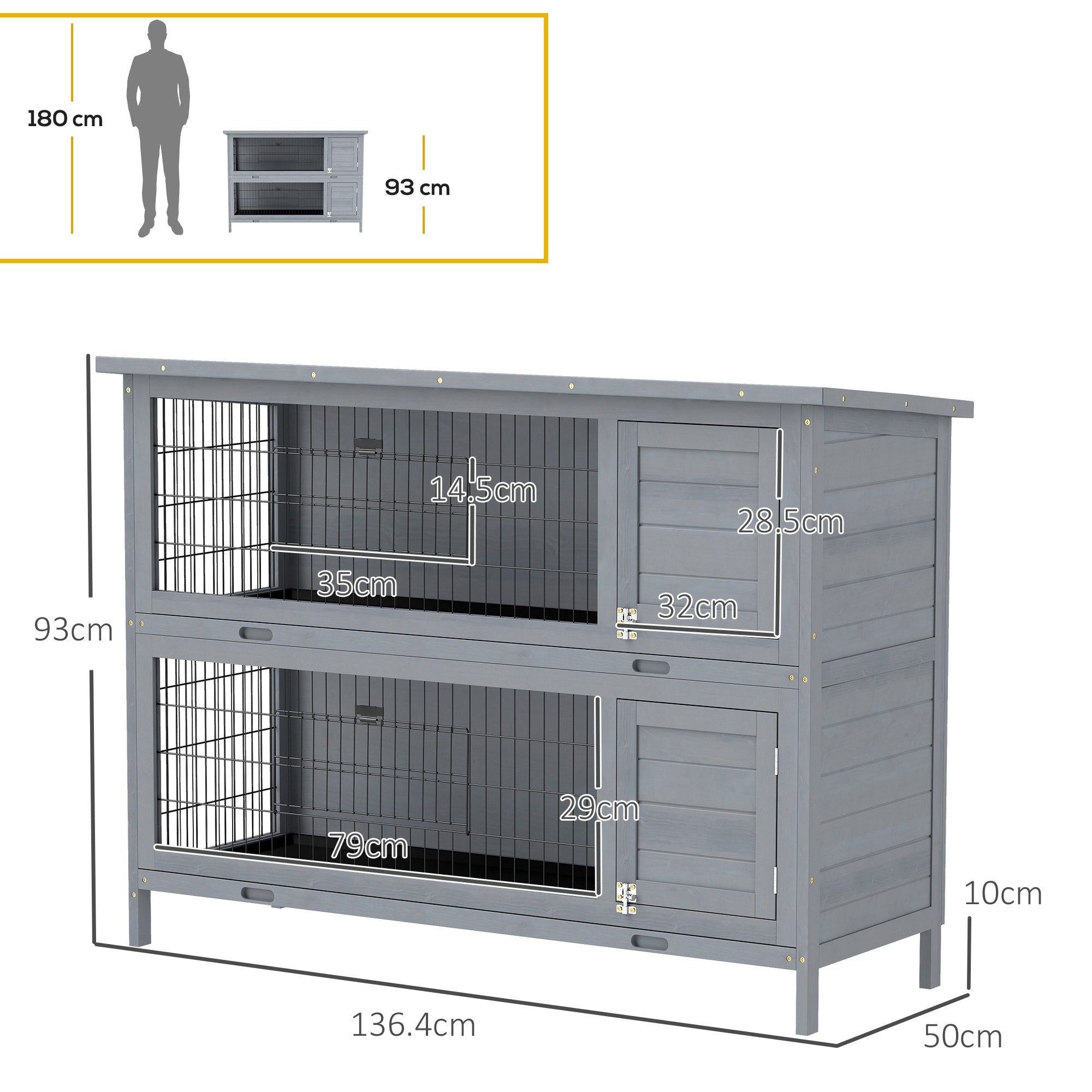 PawHut Rabbit Hutch Outdoor Guinea Pig Hutch Bunny Cage with No-Leak Trays, Divider, 136 x 50 x 93cm, Grey