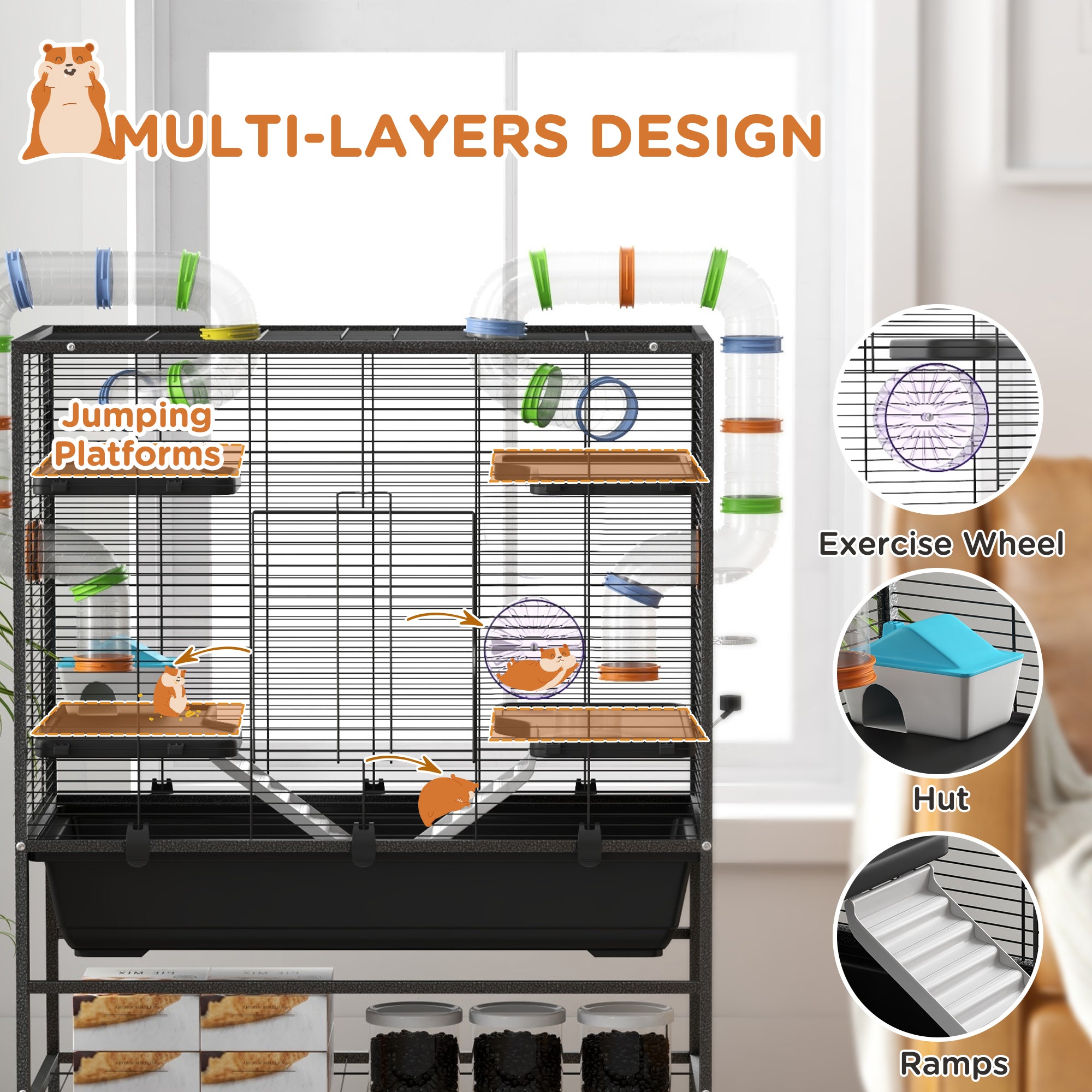PawHut Large Hamster Cage, Gerbil Cage with Tubes, Storage Shelf, Ramps, Platforms, Running Wheel - Black - North Peak Garden Furniture