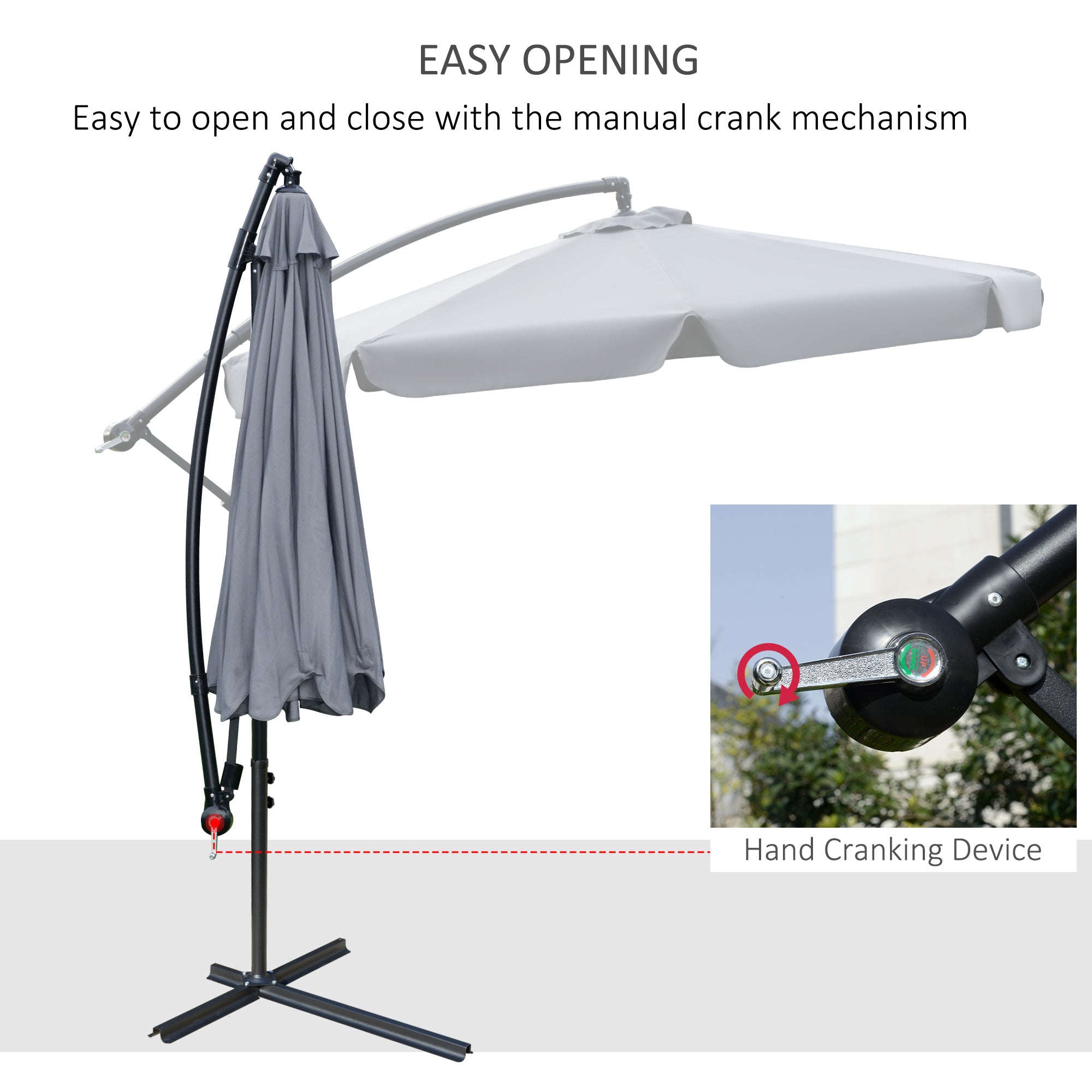 Outsunny 2.7m Garden Banana Parasol Cantilever Umbrella with Crank Handle and Cross Base for Outdoor, Hanging Sun Shade, Dark Grey - North Peak Garden Furniture
