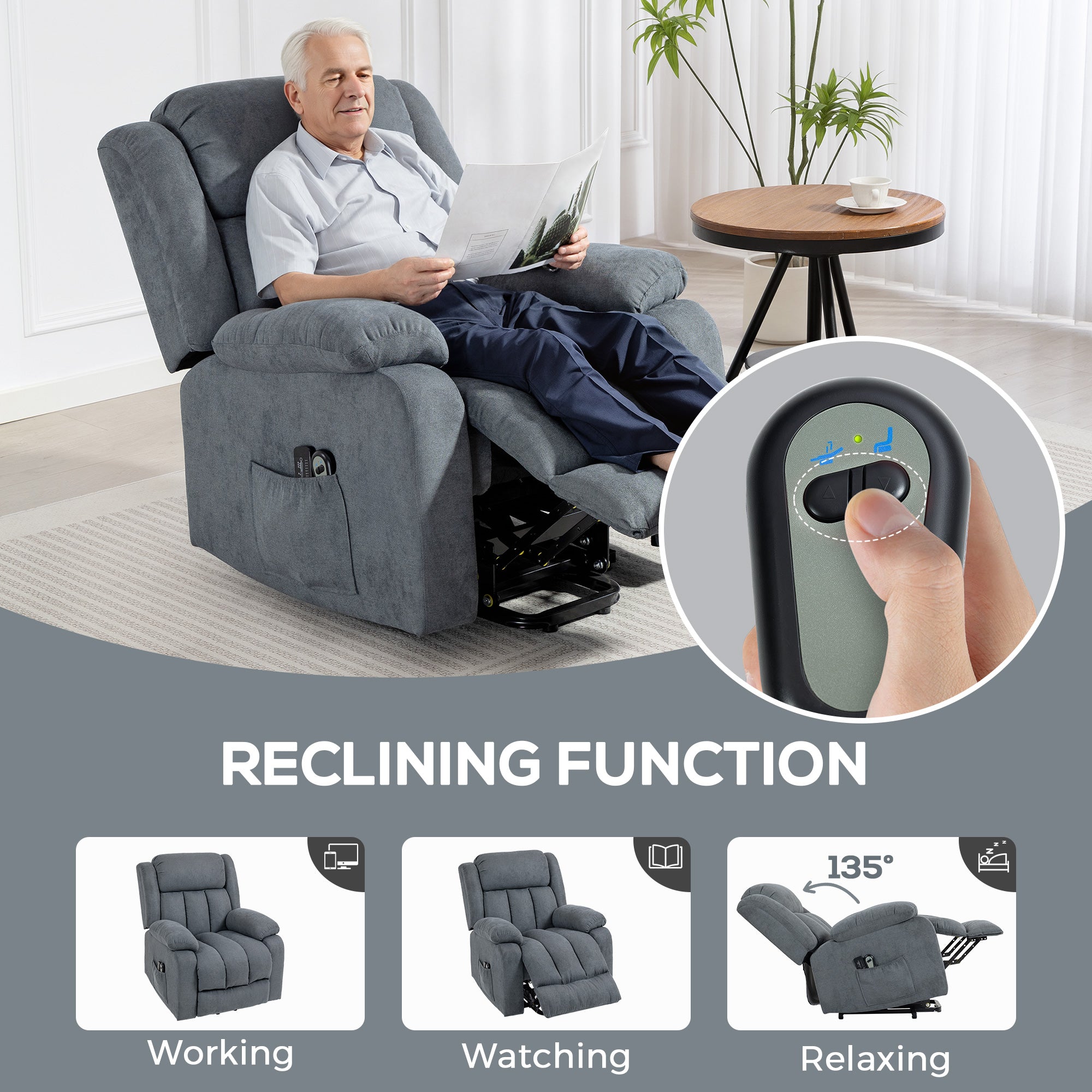 HOMCOM Power Lift Recliner Chair with Massage, Overstuffed Lift Chair for Elderly with Footrest, Remote and Side Pocket, Grey