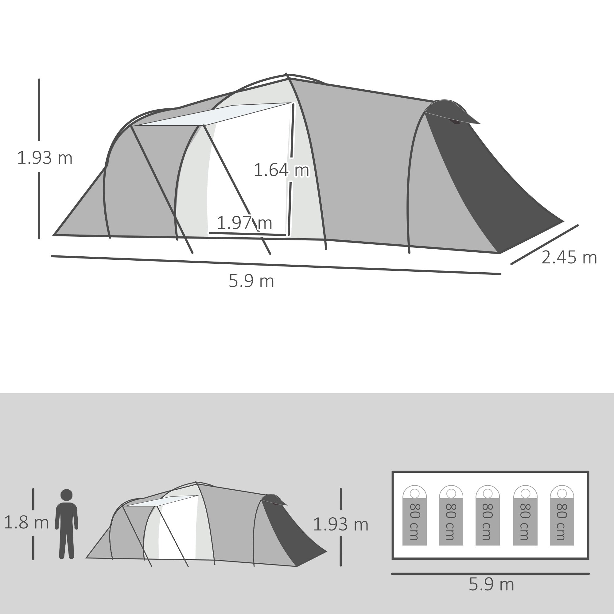 Outsunny Four-Man Tunnel Tent, with Two Bedrooms and Living Room - Grey/Yellow - North Peak Garden Furniture