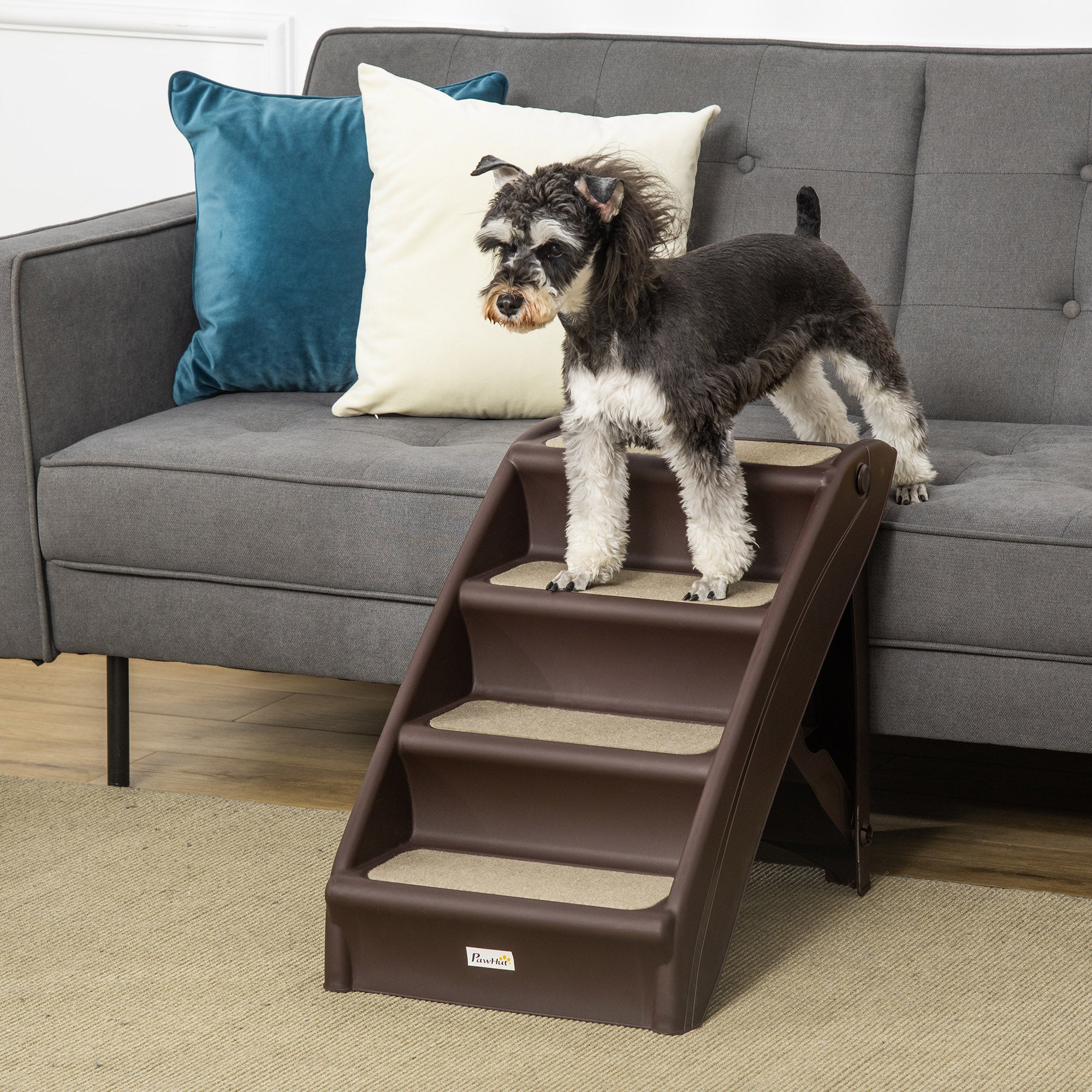PawHut Foldable Four-Step Pet Stairs, for Cats, Small Miniature Dogs, with Non-Slip Mats 62 x 38 x 49.5cm - Brown - North Peak Garden Furniture