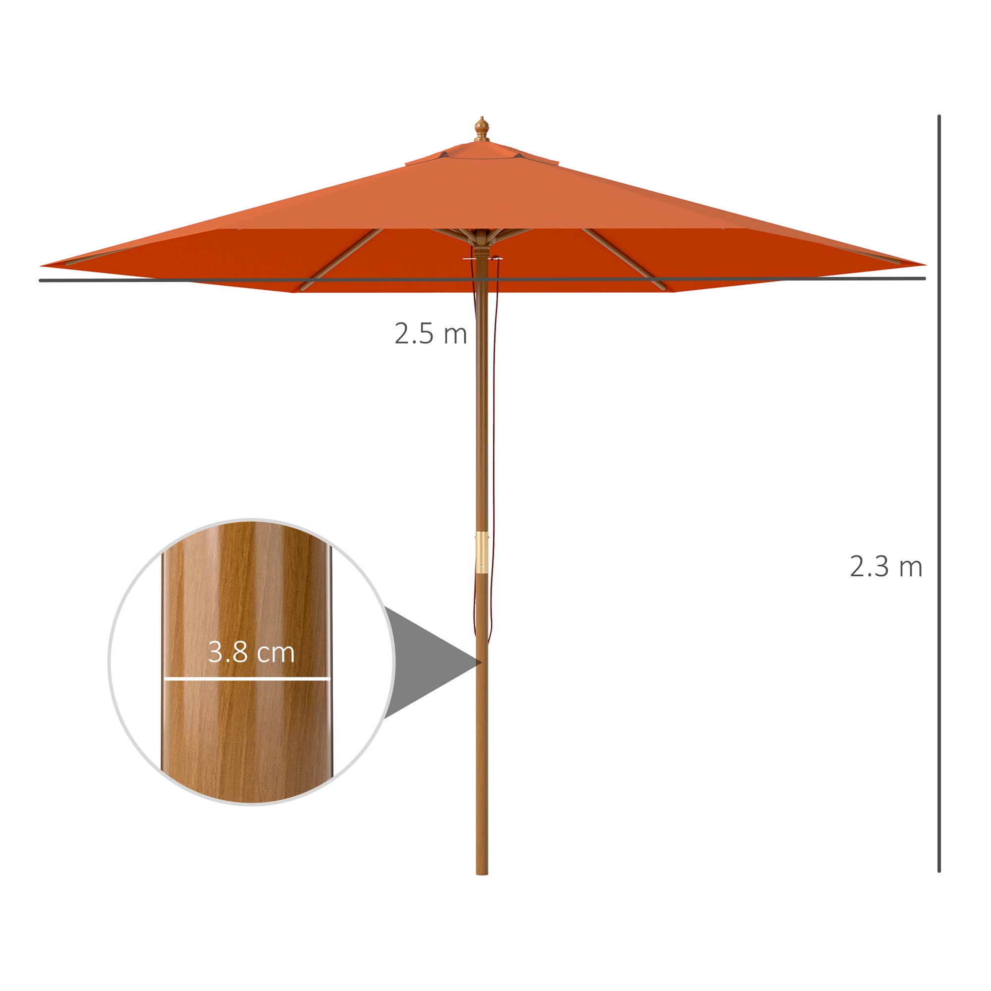 Outsunny 2.5m Wood Garden Parasol Sun Shade Patio Outdoor Wooden Umbrella Canopy Orange - North Peak Garden Furniture