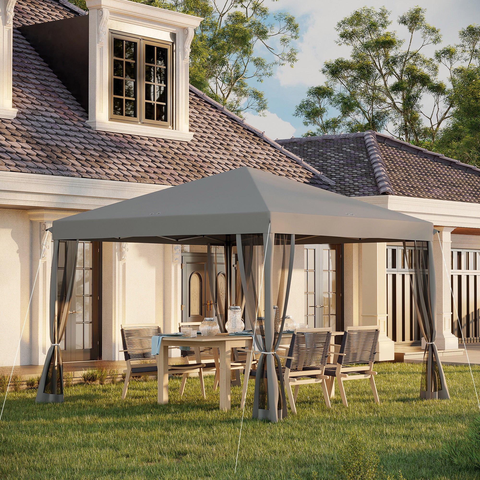 Outsunny 3 x 3 m Pop Up Gazebo, Garden Tent with Removable Mesh Sidewall Netting, Carry Bag for Backyard Patio Outdoor Light Grey - North Peak Garden Furniture