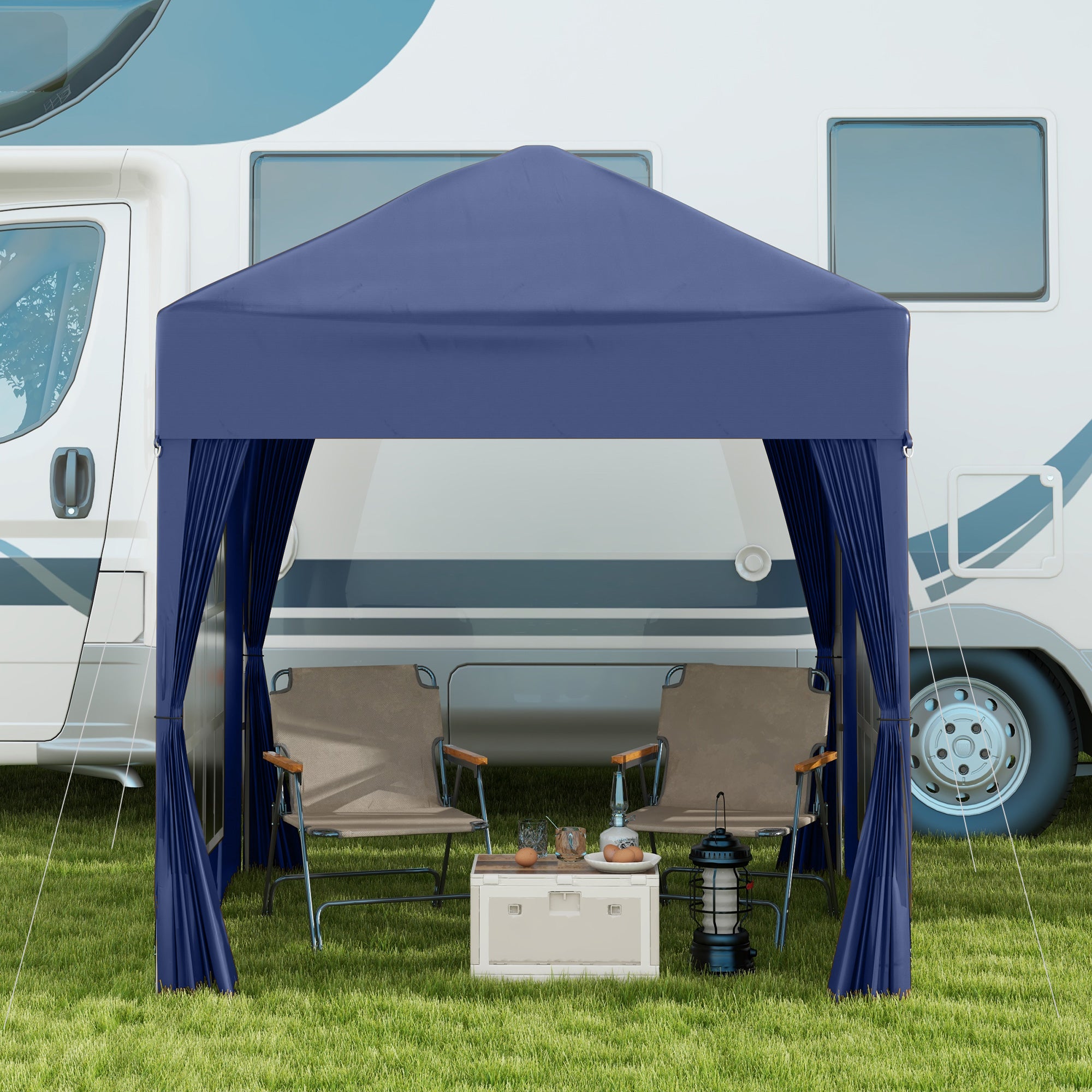 Outsunny 2 x 2 m Garden Pop Up Gazebo, Wedding Party Tent Marquee, Water Resistant Awning Canopy with Sidewalls, Windows, Carry Bag, Blue - North Peak Garden Furniture