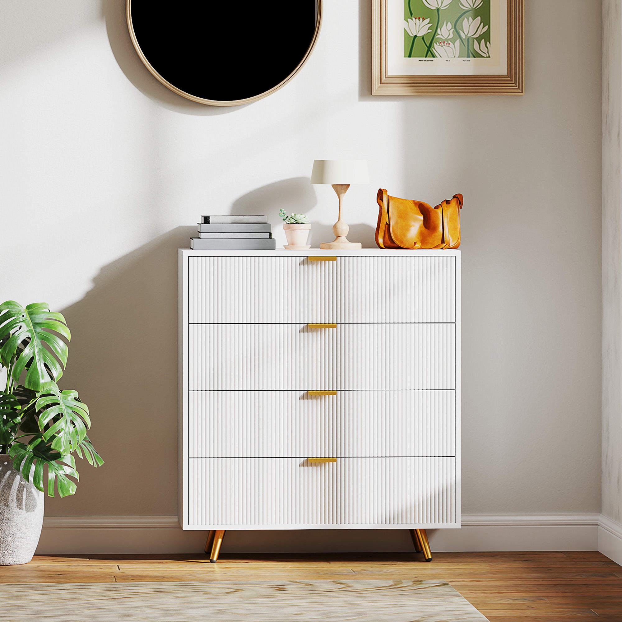 HOMCOM Elegant Four-Drawer Bedside Table - White - North Peak Garden Furniture