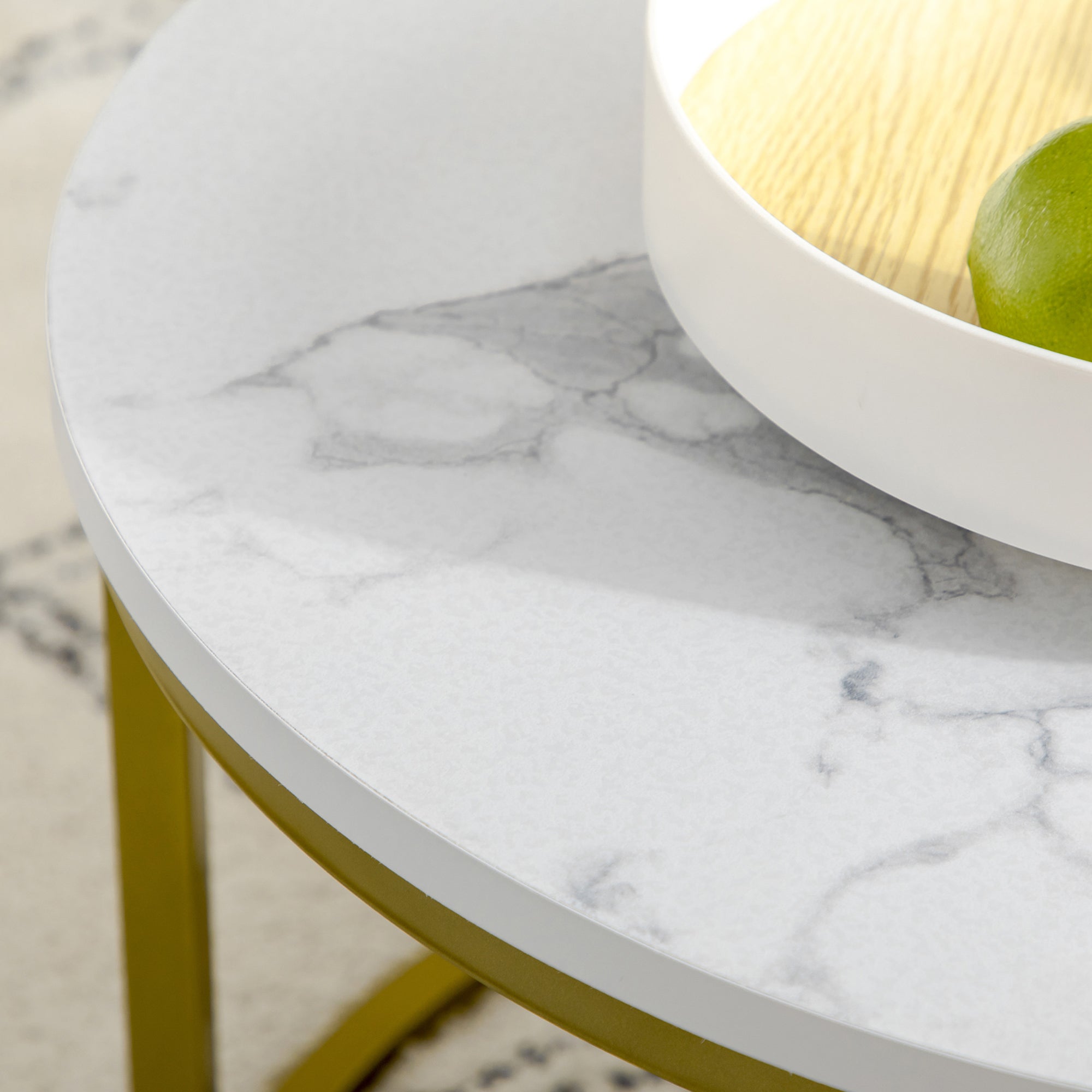 HOMCOM Coffee Table Set of 2, Round Nest of Tables with Faux Marble Tabletop and Metal Frame, Modern Side Tables for Living Room, White - North Peak Garden Furniture