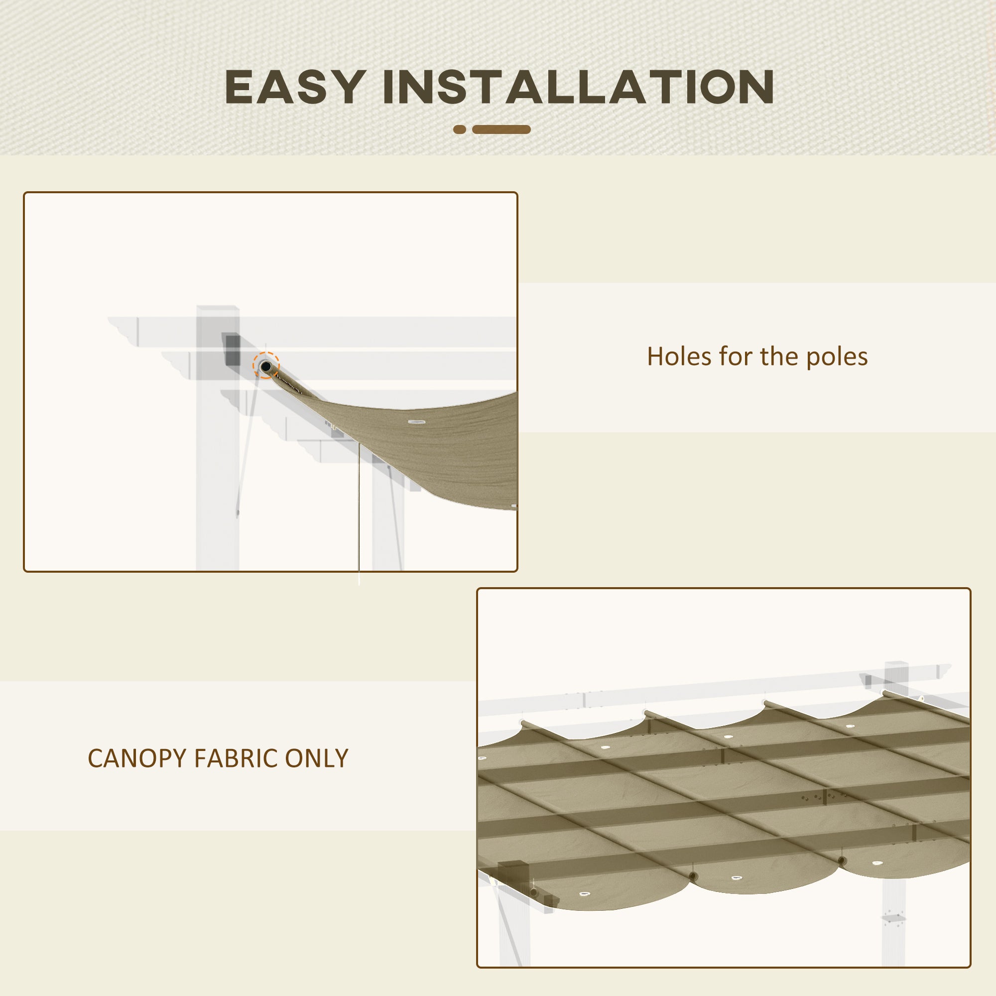 Outsunny Retractable Pergola Shade Cover, Replacement Canopy Fabric for 3 x 3 (m) Pergola, Gazebo Retractable Roof, Tan - North Peak Garden Furniture