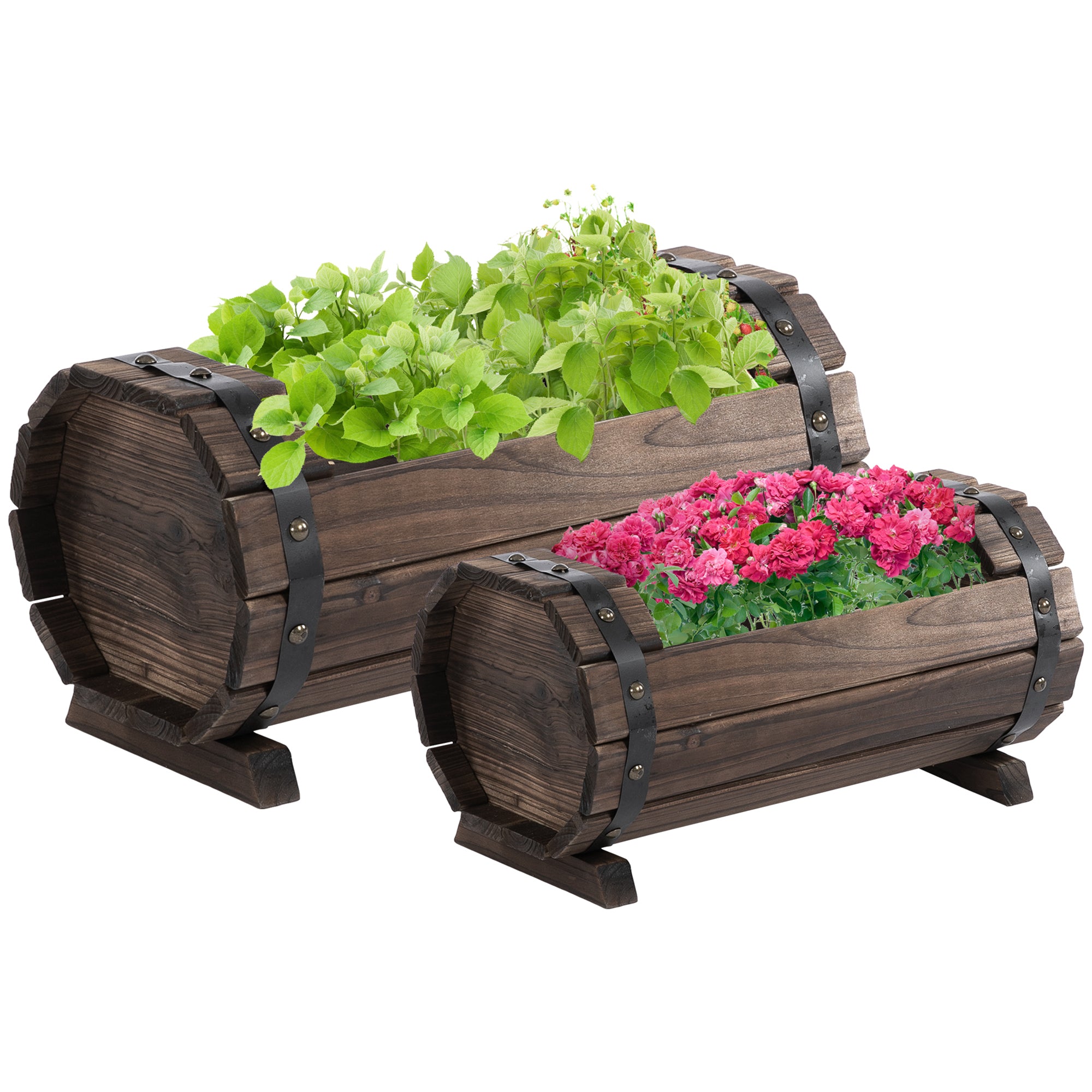 Outsunny 2PCs 56L Wooden Planter Box Flower Plant Pot Outdoor Flower Beds Plant Box with Solid Wood Carbonized Colour - North Peak Garden Furniture