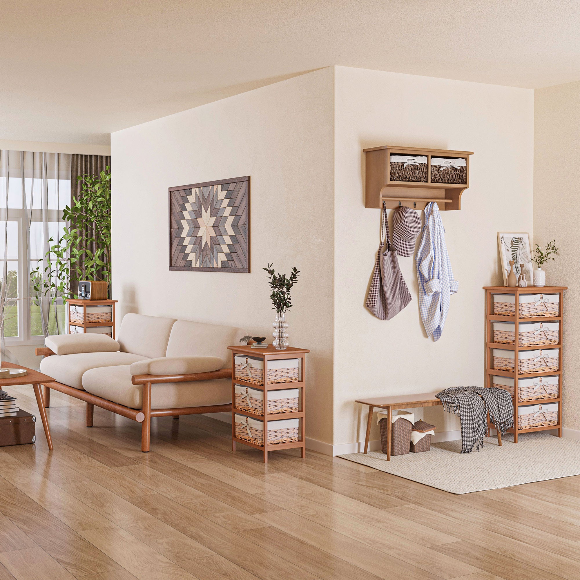 HOMCOM 5 Drawer Dresser Wicker Basket Storage Shelf Unit Wooden Frame Home Organisation Cabinet Bedroom Office Furniture Natural Finish - North Peak Garden Furniture
