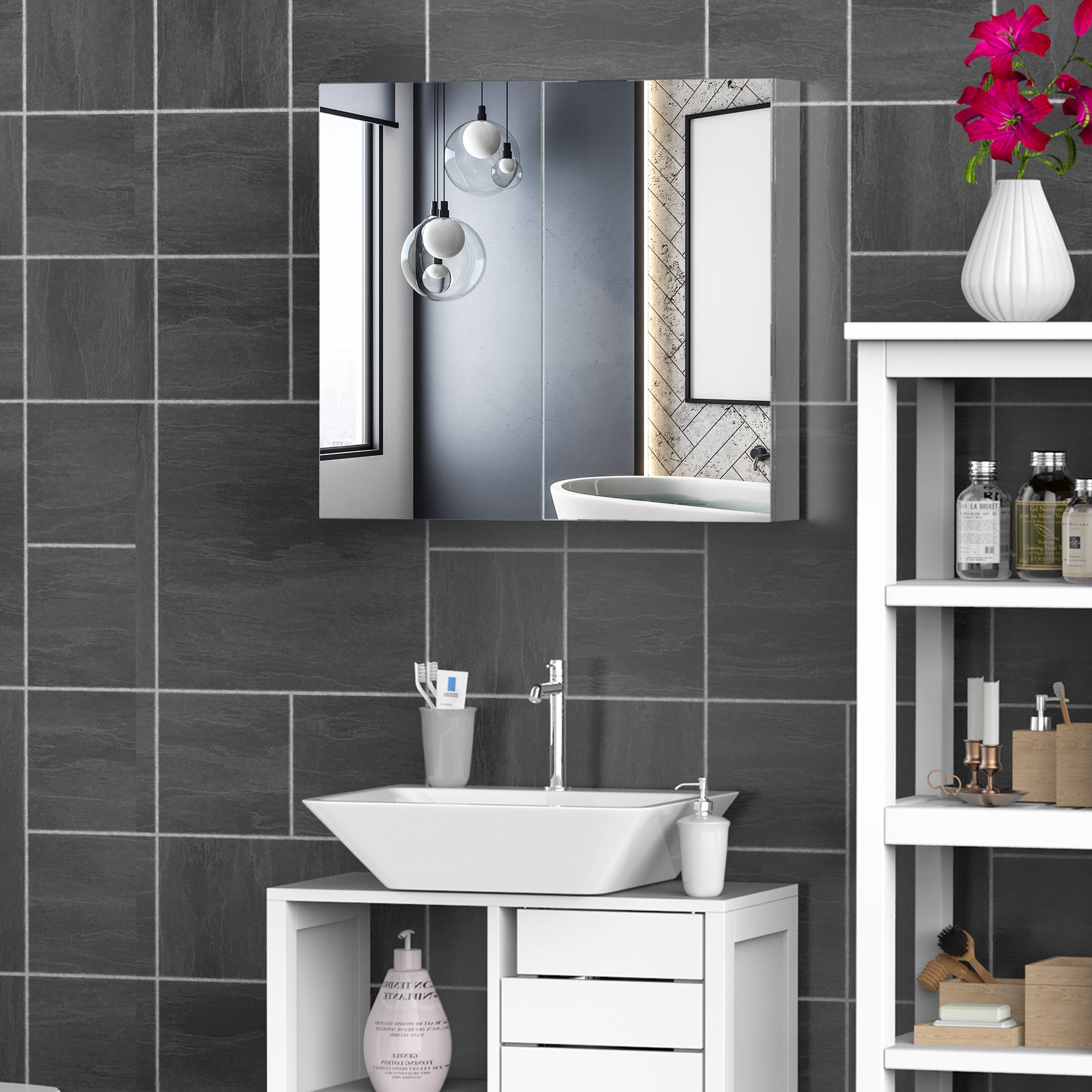 HOMCOM Bathroom Mirror Cabinet, Stainless Steel Wall Mounted Bathroom Storage Cabinet with Double Doors, 60x55cm - North Peak Garden Furniture
