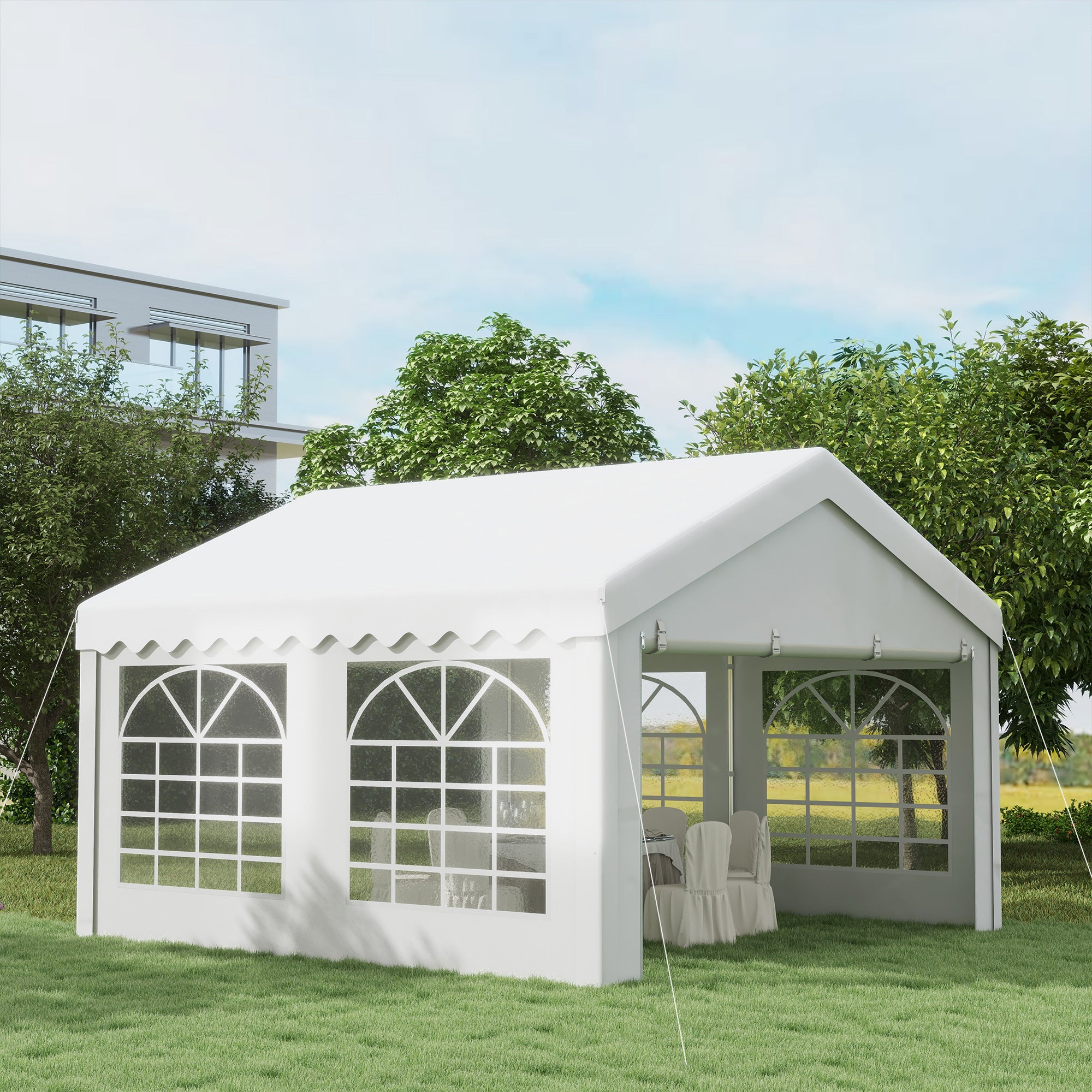 Outsunny 4m x 4 m Garden Gazebo Portable Carport Shelter with Removable Sidewalls & Double Doors, Heavy Duty Party Tent Car Canopy - North Peak Garden Furniture