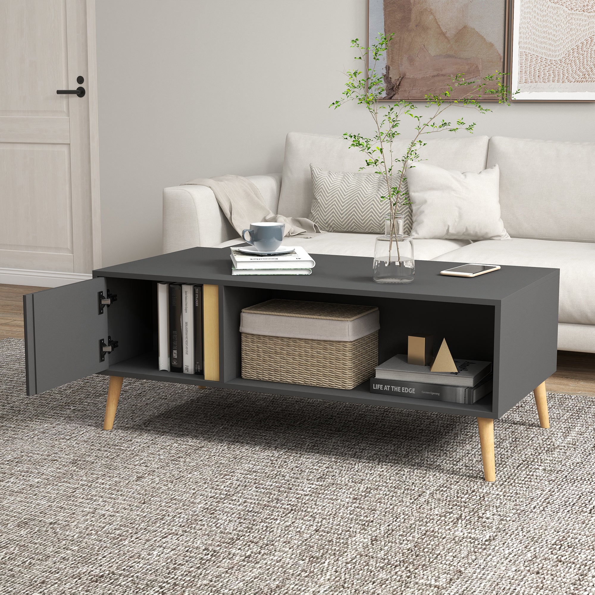 HOMCOM Coffee Table for Living Room, Modern Centre Table with Storage Compartments and Cabinets, Rectangular Side Table, 115x 58x 45cm, Grey - North Peak Garden Furniture