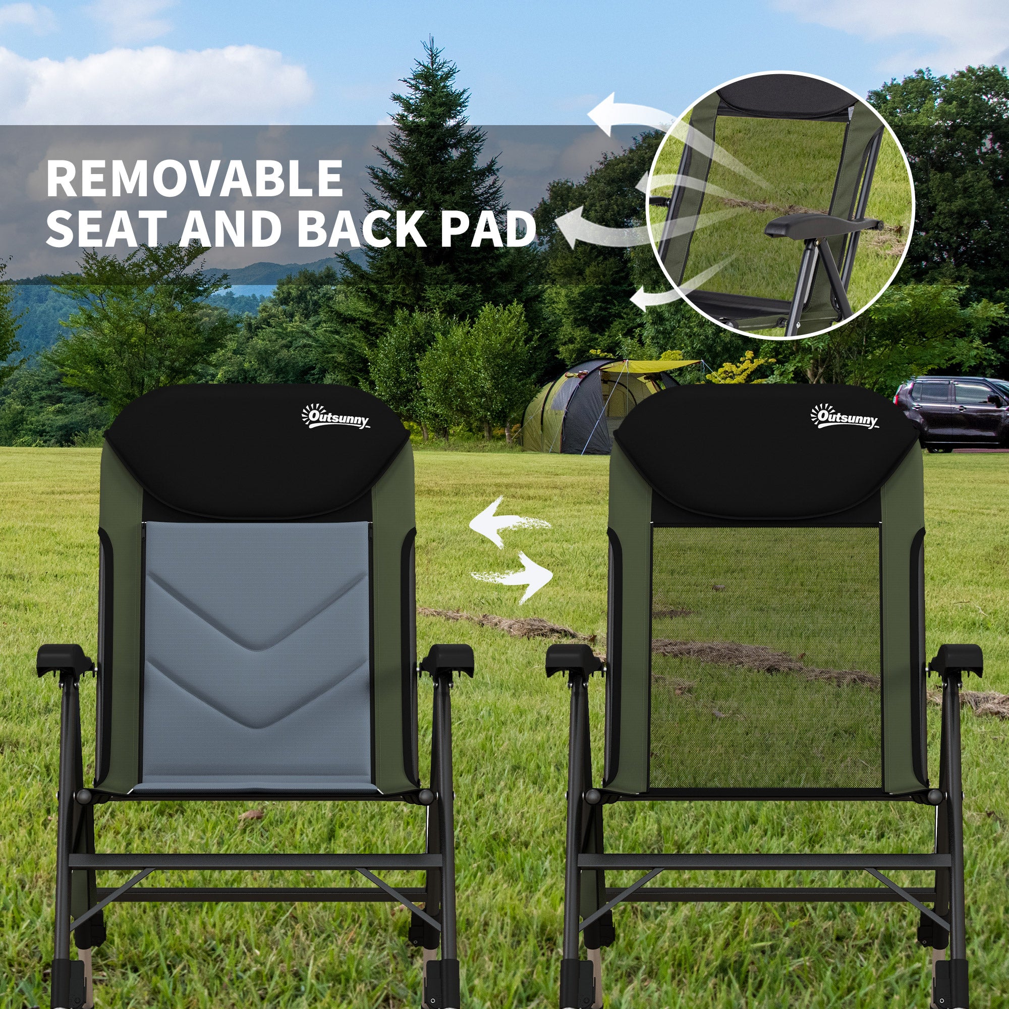 Outsunny Foldable Metal Frame Fishing Chair, with Adjustable Legs - Green/Black - North Peak Garden Furniture