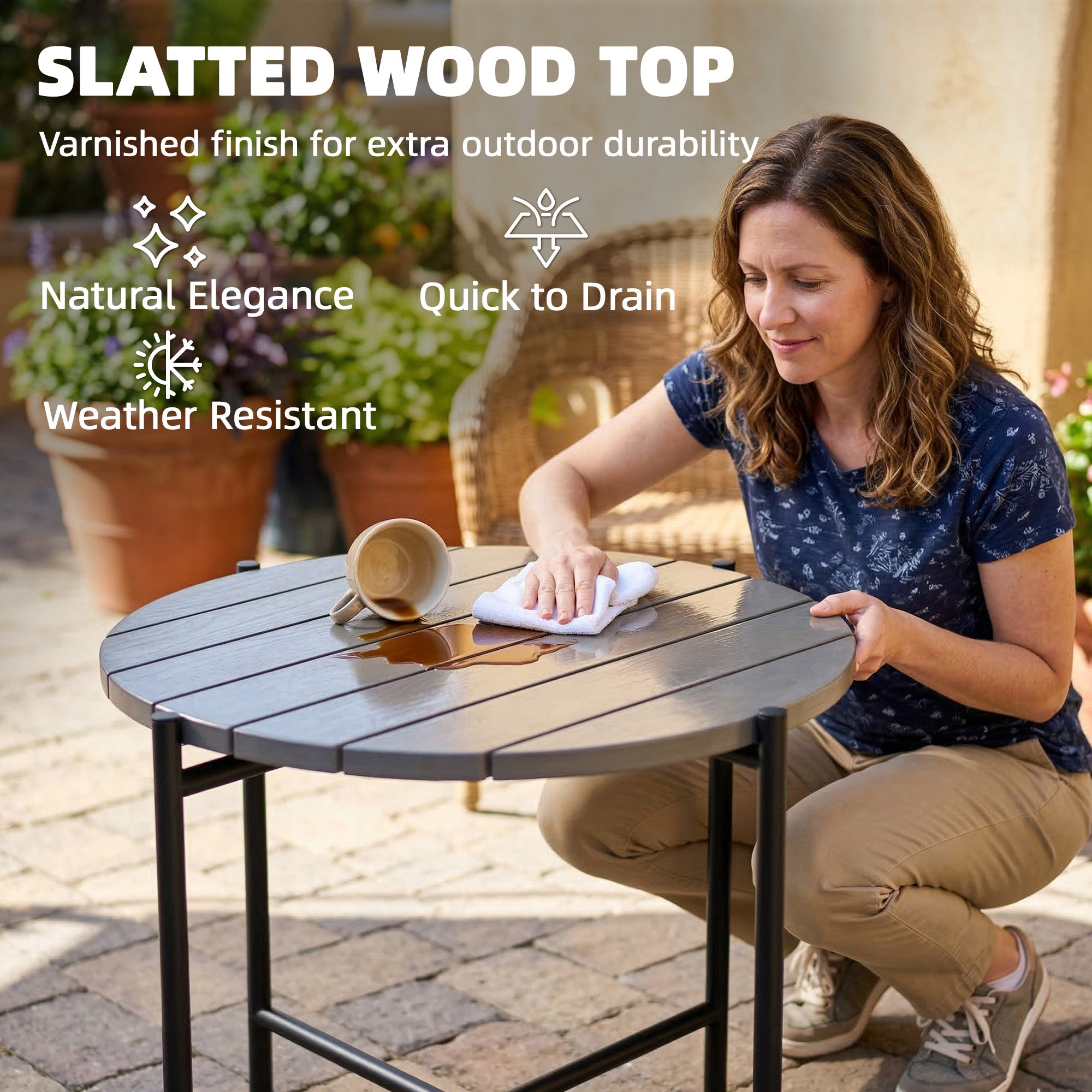 Outsunny 54 cm Round Outdoor Side Table, Industrial Small Garden Table with Slatted Wood Top and Metal Frame, Dark Grey
