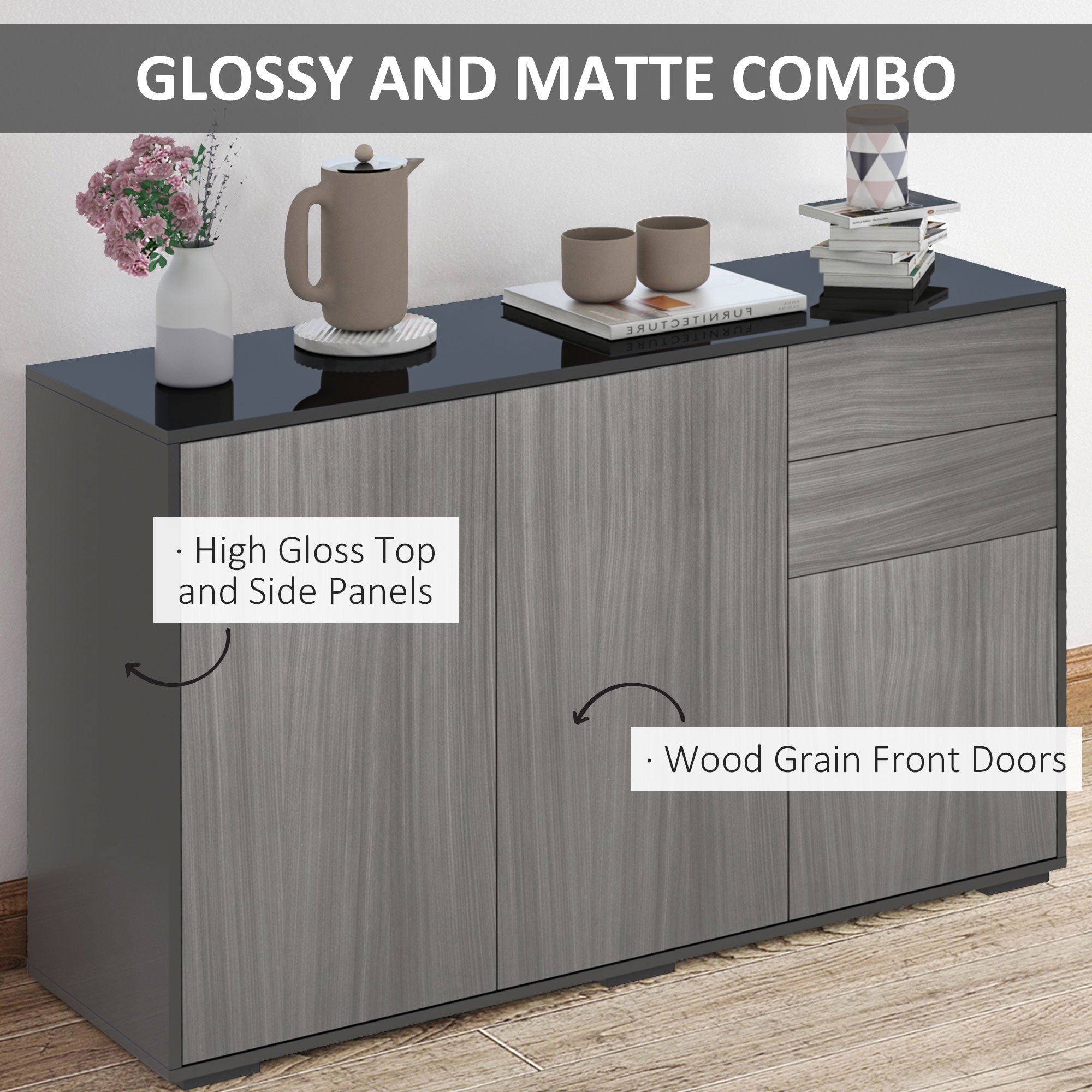 HOMCOM High Gloss Frame Sideboard, Side Cabinet, Push-Open Design with 2 Drawer for Living Room, Bedroom, Light Grey and Black - North Peak Garden Furniture