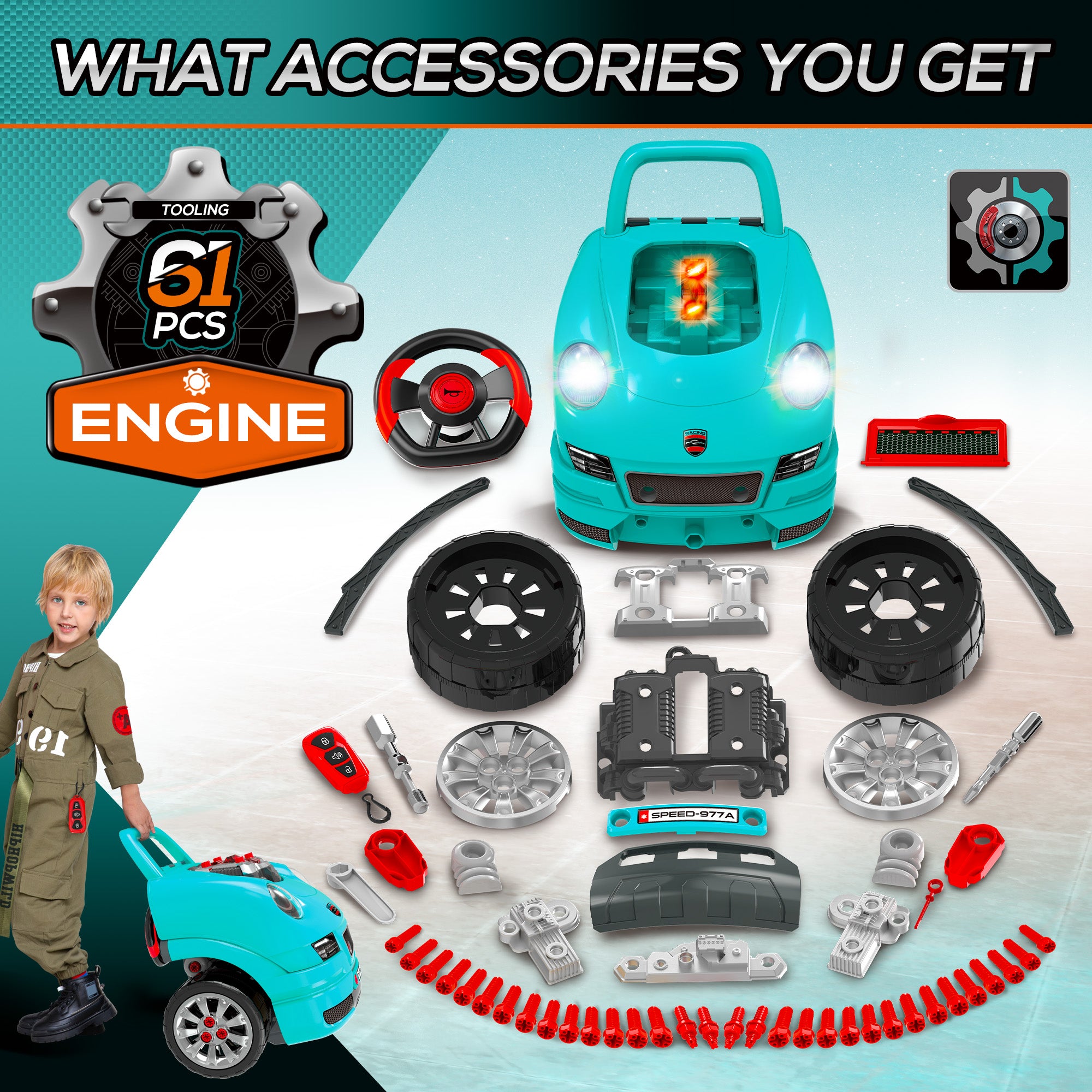 HOMCOM Kids Truck Engine Toy Set, with Horn, Light, Car Key, for Ages 3-5 Years - Teal - North Peak Garden Furniture