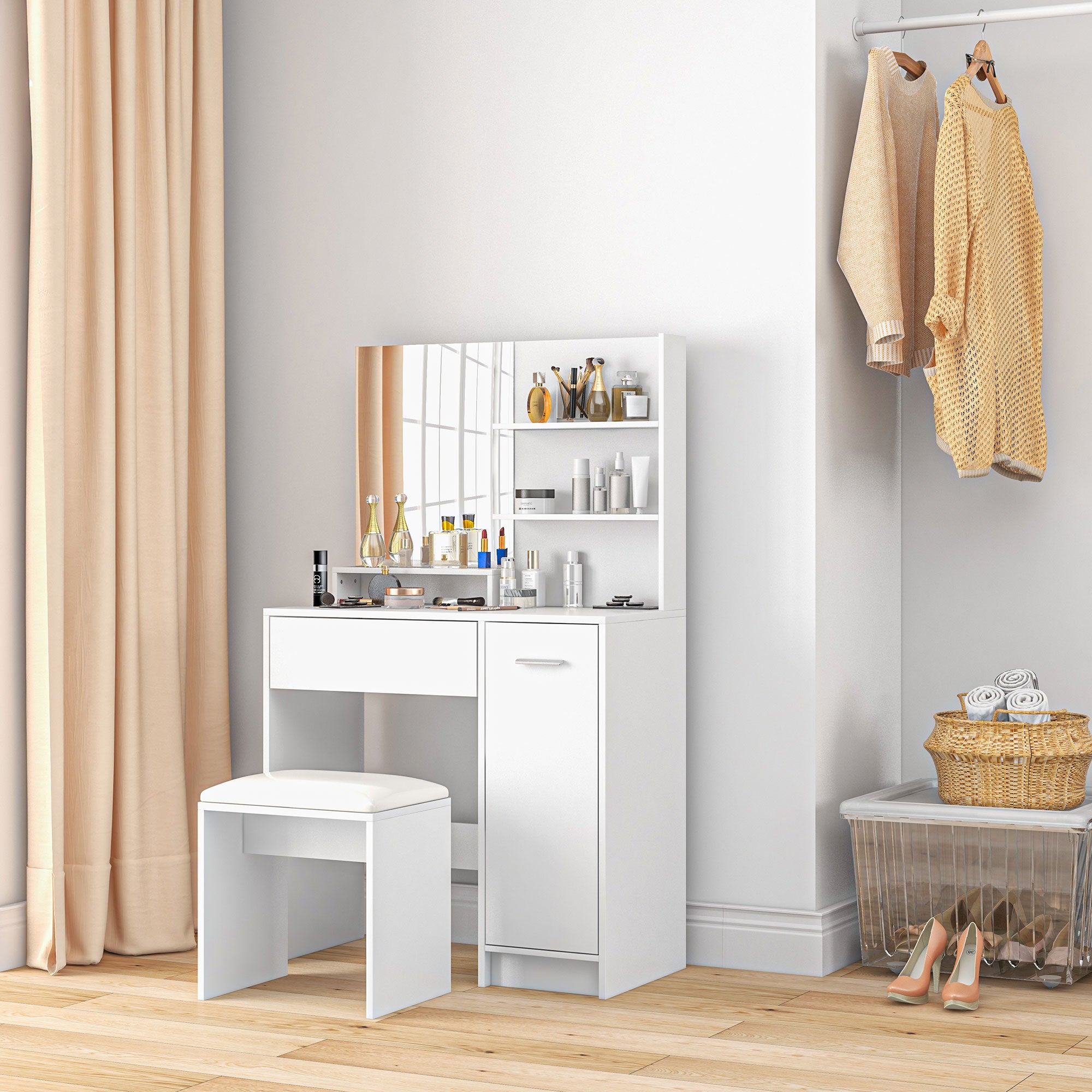 HOMCOM Dressing Table with Mirror and Stool, Vanity Table, Modern Makeup Desk with Drawer, Storage Cabinet and Adjustable Shelf for Bedroom, White - North Peak Garden Furniture
