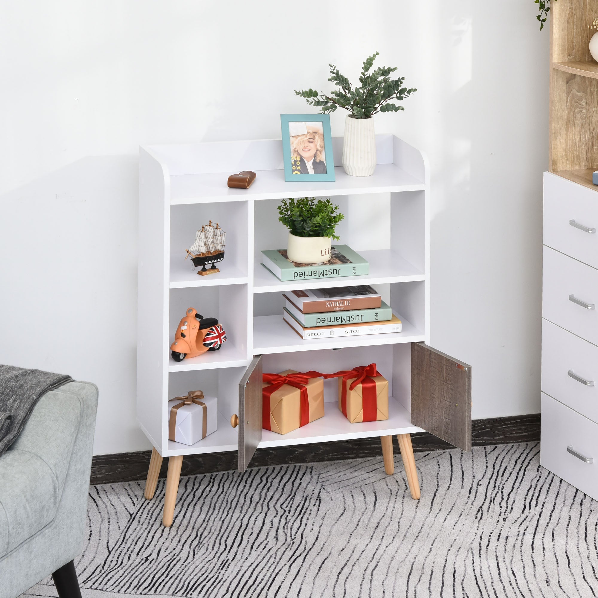 HOMCOM Multi-Shelf Modern Bookcase Freestanding Storage w/ Cabinet 6 Shelves Wood Legs Home Office Display Furniture Stylish White - North Peak Garden Furniture