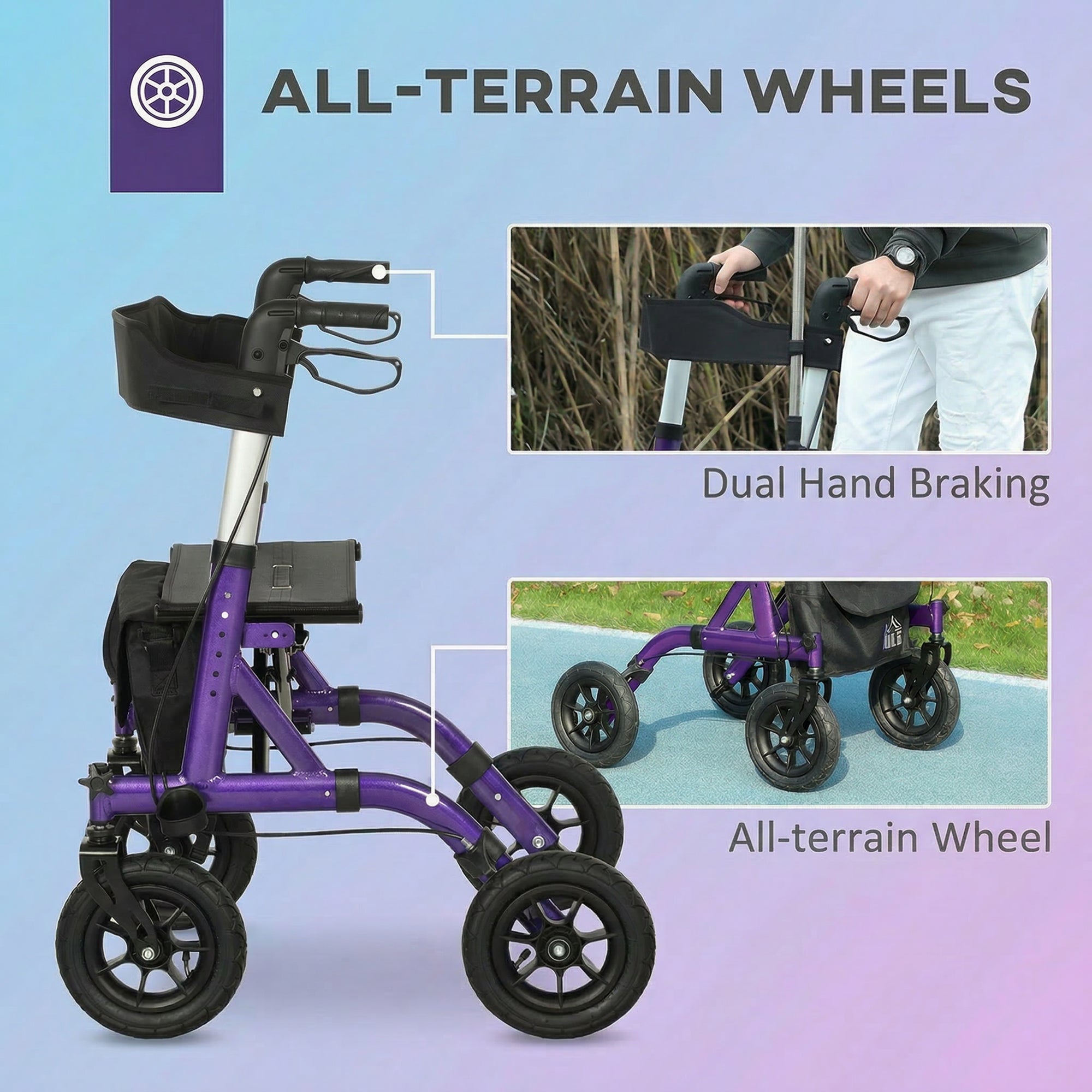 HOMCOM Folding Rollator Walker with Seat, Backrest, Lightweight Walking Frame with Storage Bag, Dual Brakes, All-terrain Wheels, Adjustable Handle Height, 4 Wheeled Walker for Seniors, Purple
