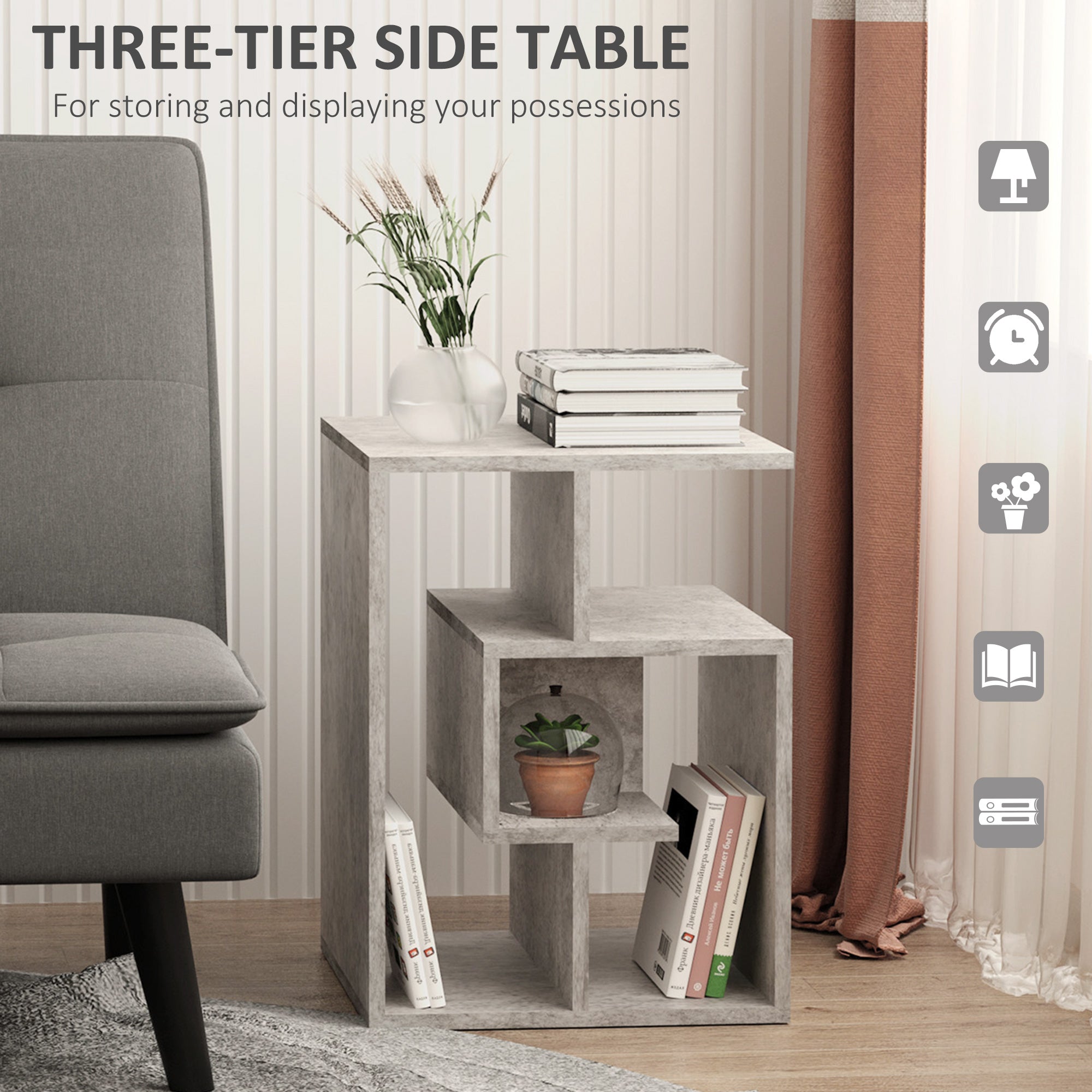 HOMCOM Side Table, 3 Tier End Table with Open Storage Shelves, Living Room Coffee Table Organiser Unit, Cement Colour - North Peak Garden Furniture