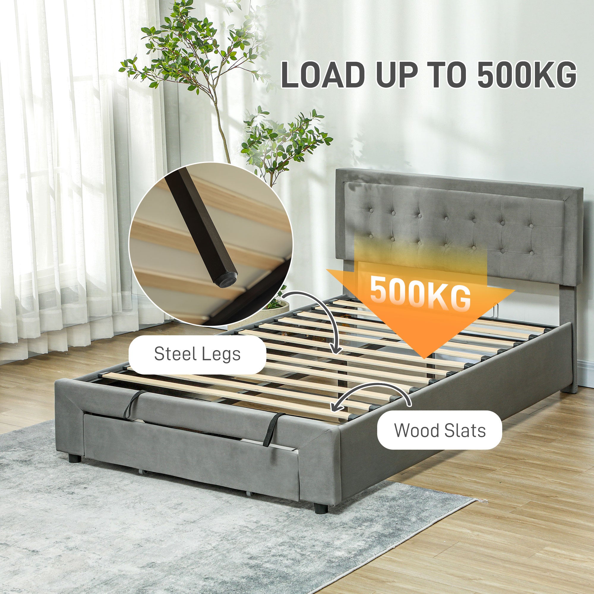 HOMCOM Double Size Ottoman Bed Frame, with Front Drawer - Grey - North Peak Garden Furniture