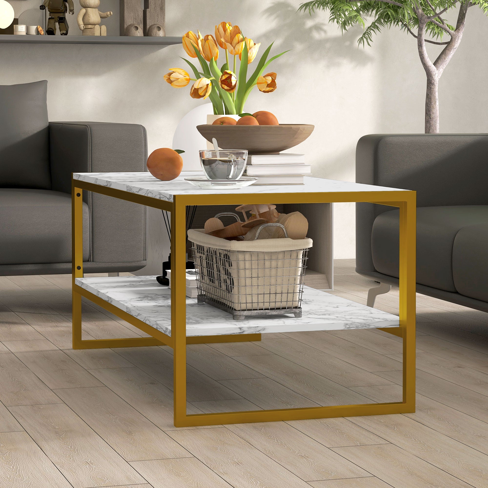 HOMCOM Coffee Table, Two-Tier Marble Centre Table with Metal Frame and Storage Shelf for Living Room, 106 x 50 x 45cm, White - North Peak Garden Furniture