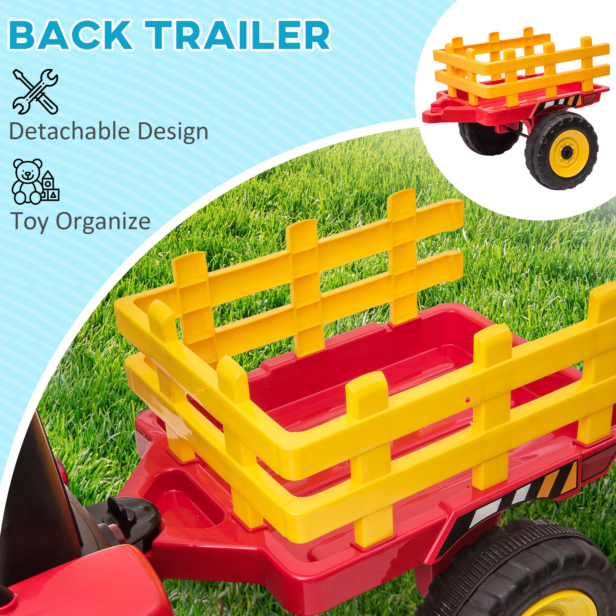 HOMCOM Ride On Tractor, Battery Powered Electric Car, with Detachable Trailer, Remote Control, Music - Red - North Peak Garden Furniture
