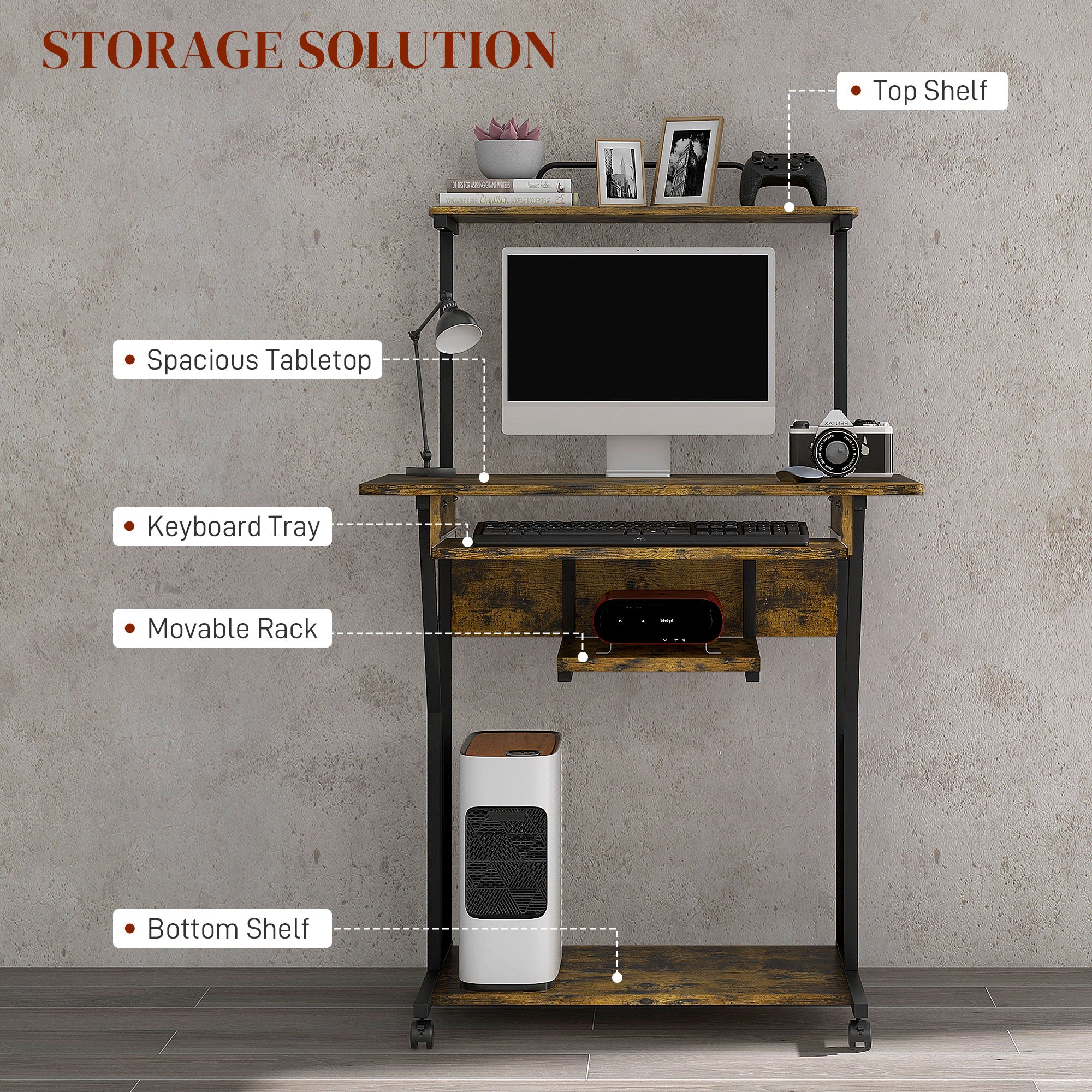 HOMCOM Multi-Storage Work Desk, with Sliding Keyboard Tray - Brown/Black - North Peak Garden Furniture