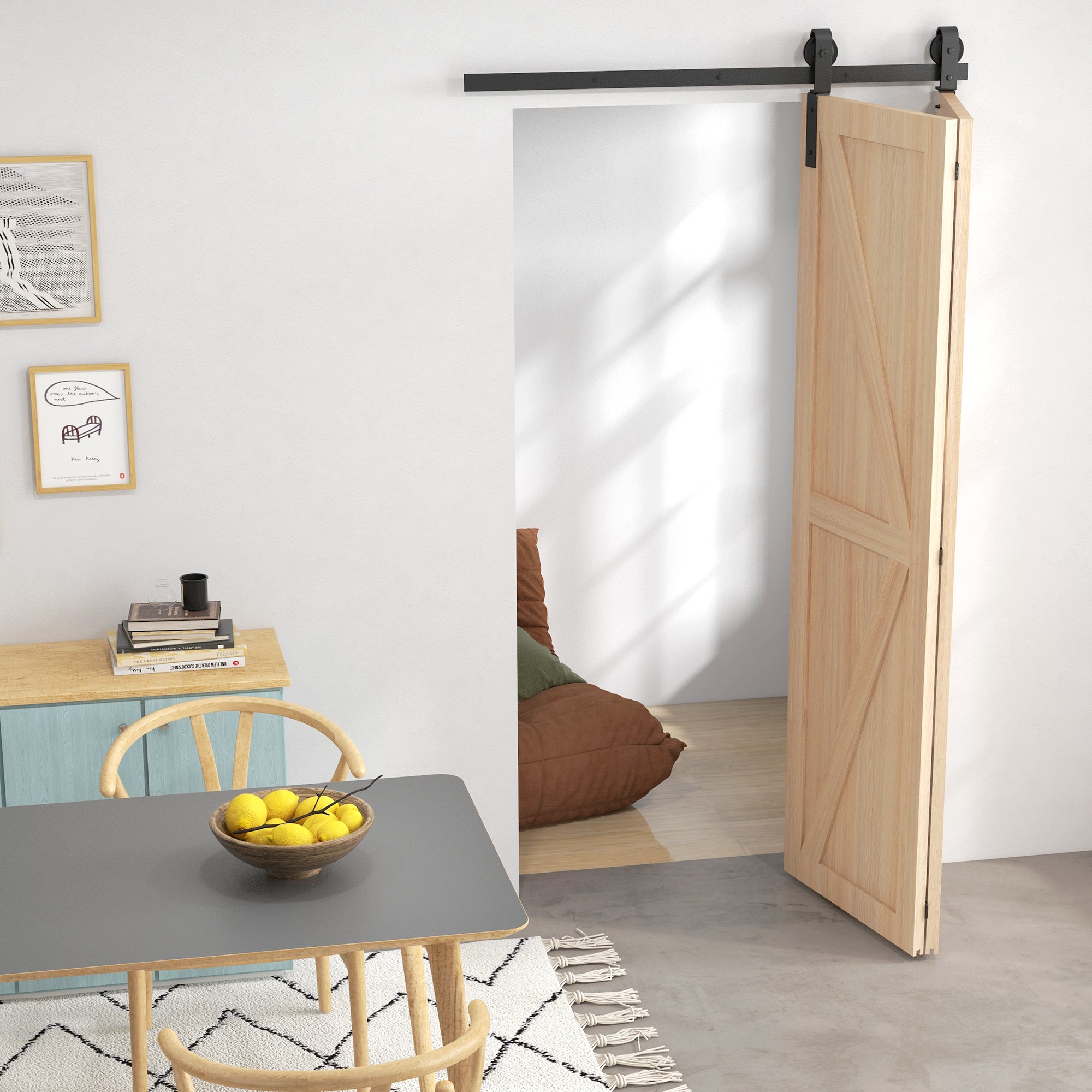 HOMCOM 4FT/122CM Bi-Folding Sliding Barn Door Hardware Track Kit, Heavy Duty Sliding Door Kit for 2 Doors with J Shape Hanger - North Peak Garden Furniture