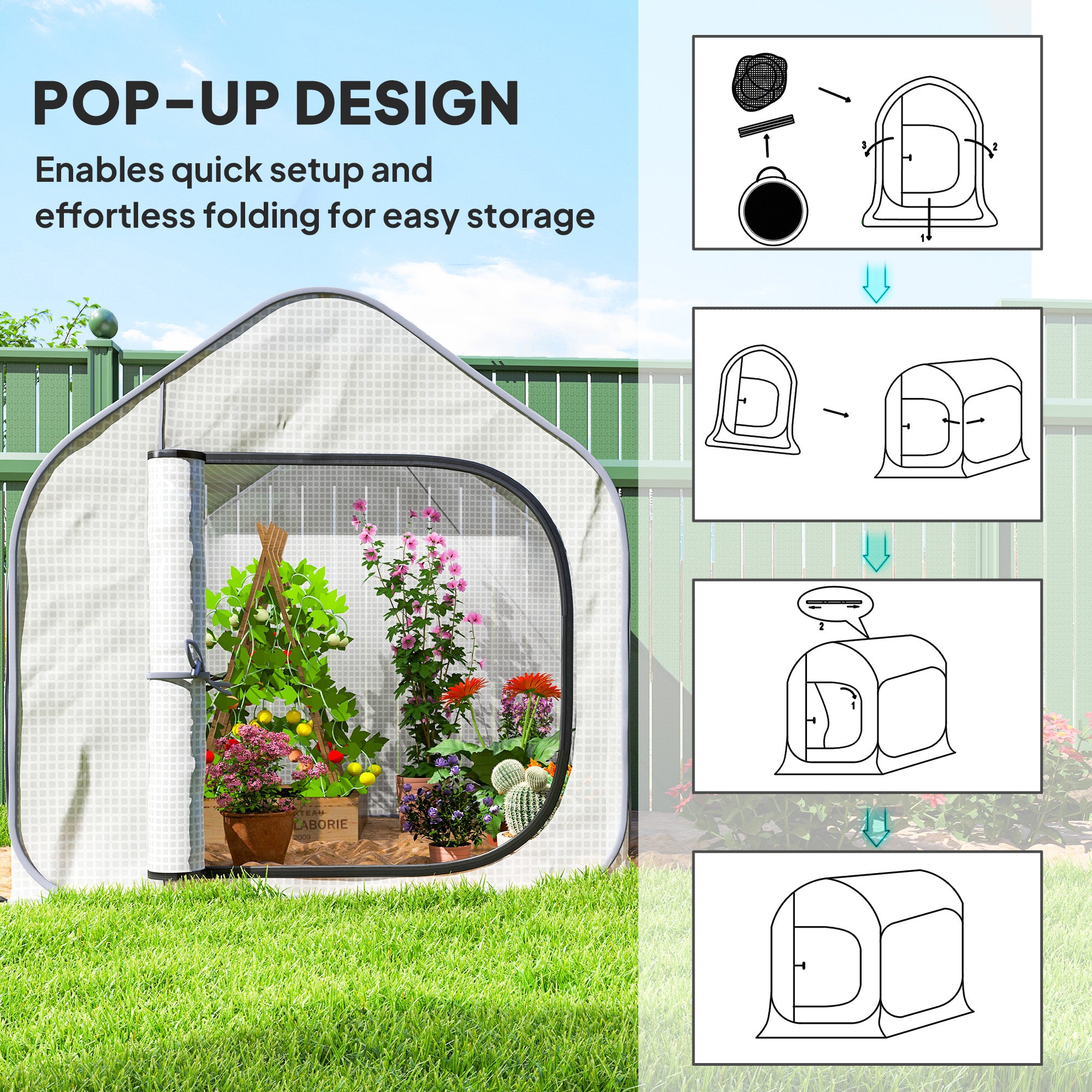 Outsunny 150 x 148cm Pop-Up Greenhouse - White - North Peak Garden Furniture