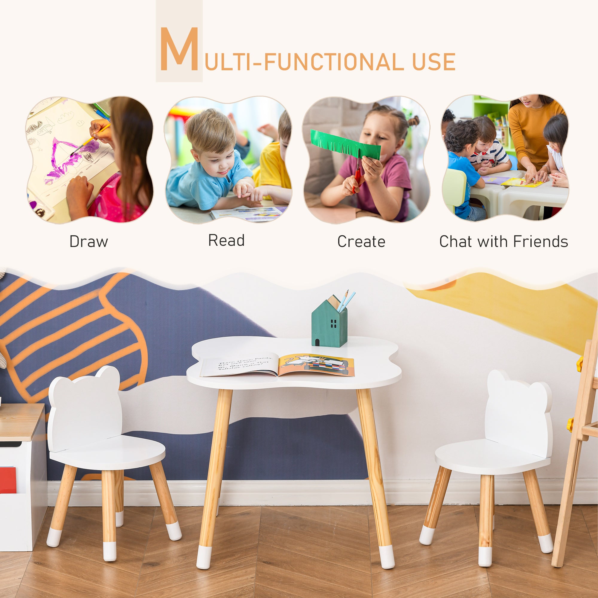 HOMCOM 3-Piece Kids Table and Chair Set with 2 Bear-Shaped Chairs, for Ages 1-4 Years, White - North Peak Garden Furniture