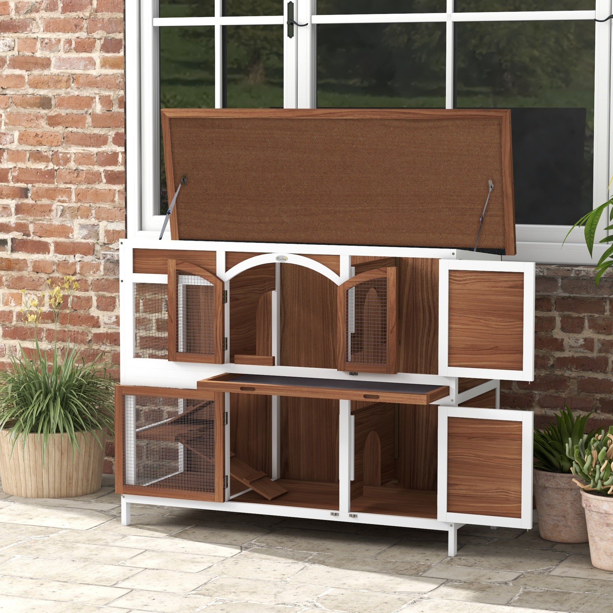 PawHut Two-Tier Wooden Pet Hutch with Openable Roof, Slide-Out Tray - North Peak Garden Furniture