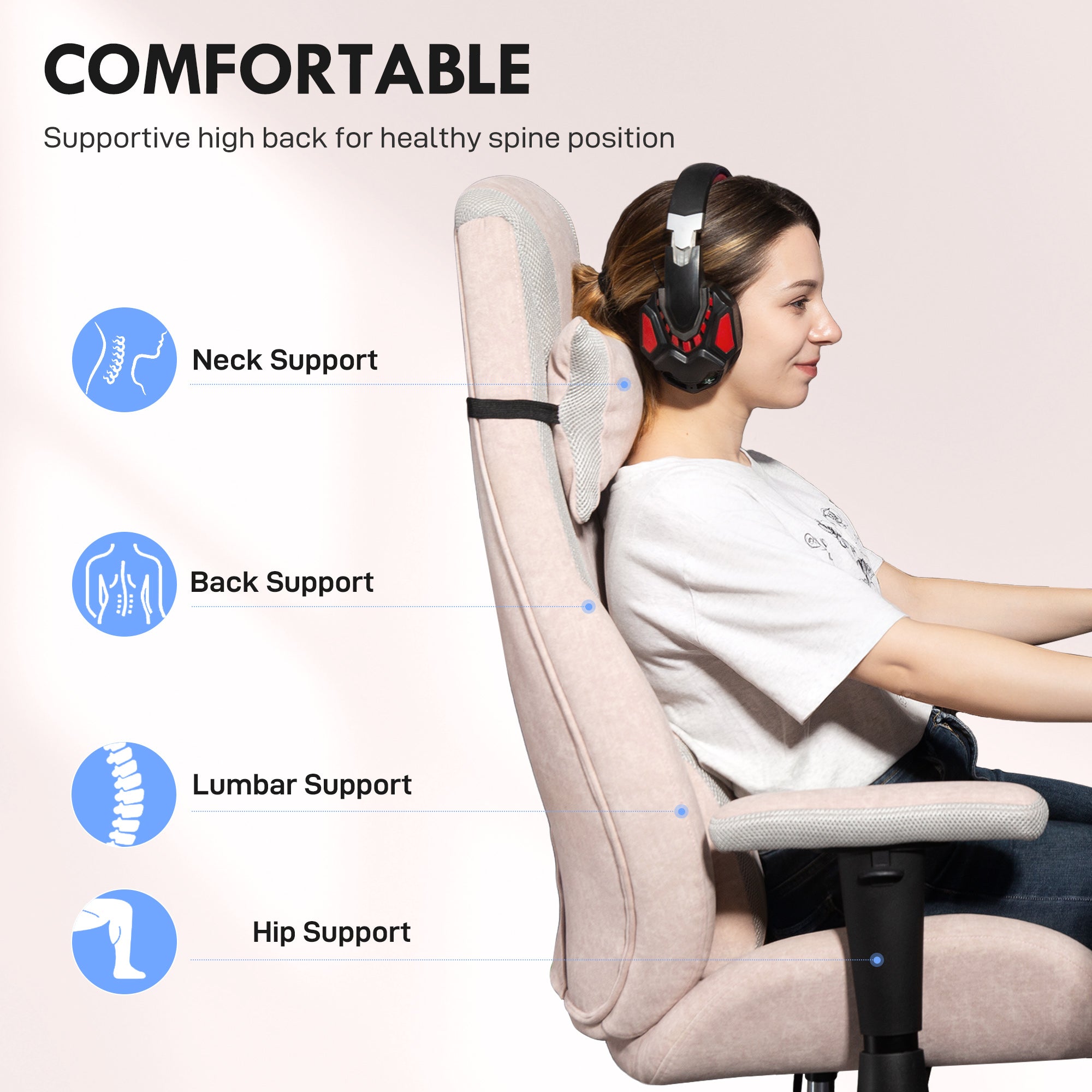 HOMCOM Fabric Gaming Chair with Lumbar Support, Headrest - Pale Pink - North Peak Garden Furniture